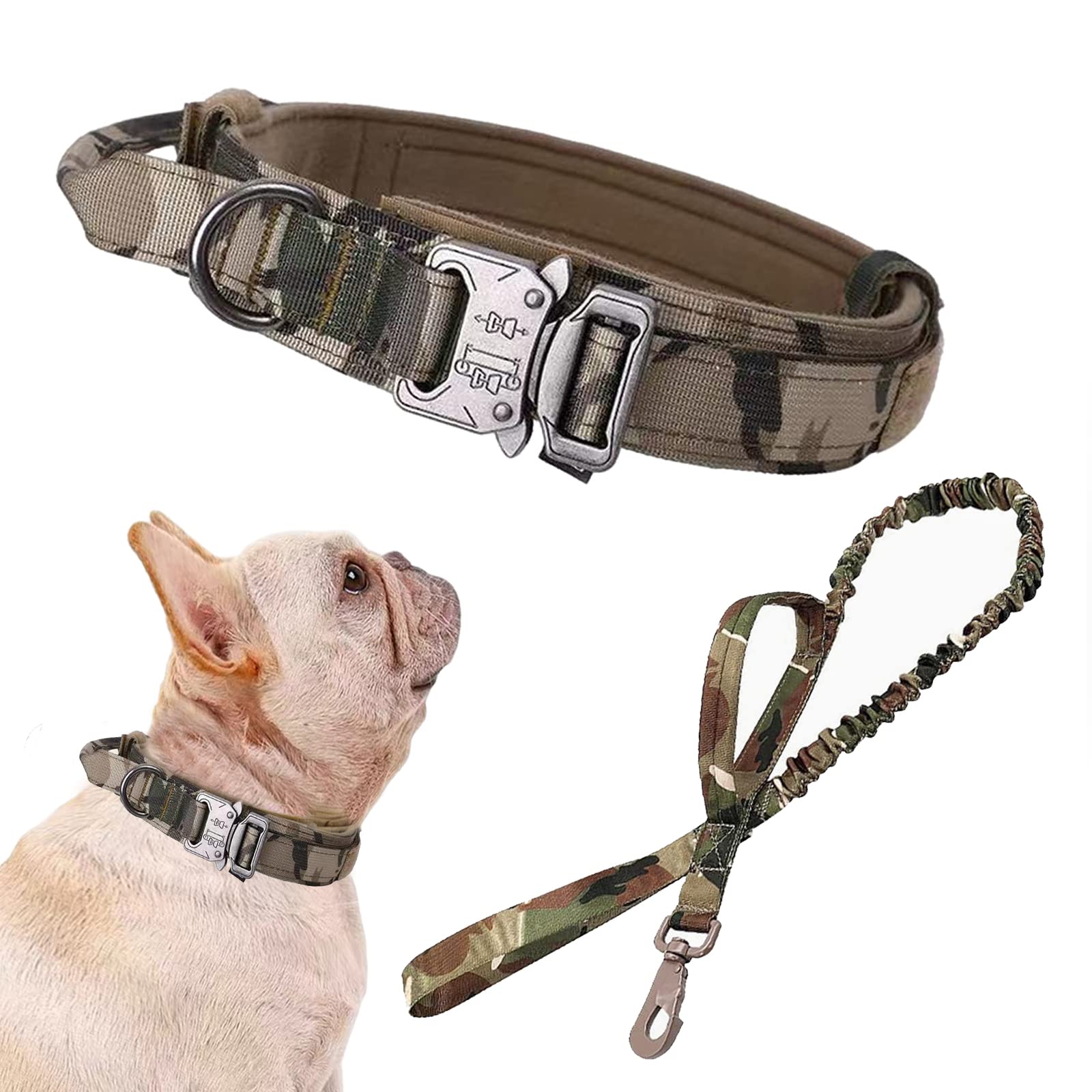 Xqpetlihai Tactical Dog Collar and Leash Set Adjustable Military Nylon Dog Collar with Control Handle and Heavy Duty Metal Buckle for Large Dogs （Camo