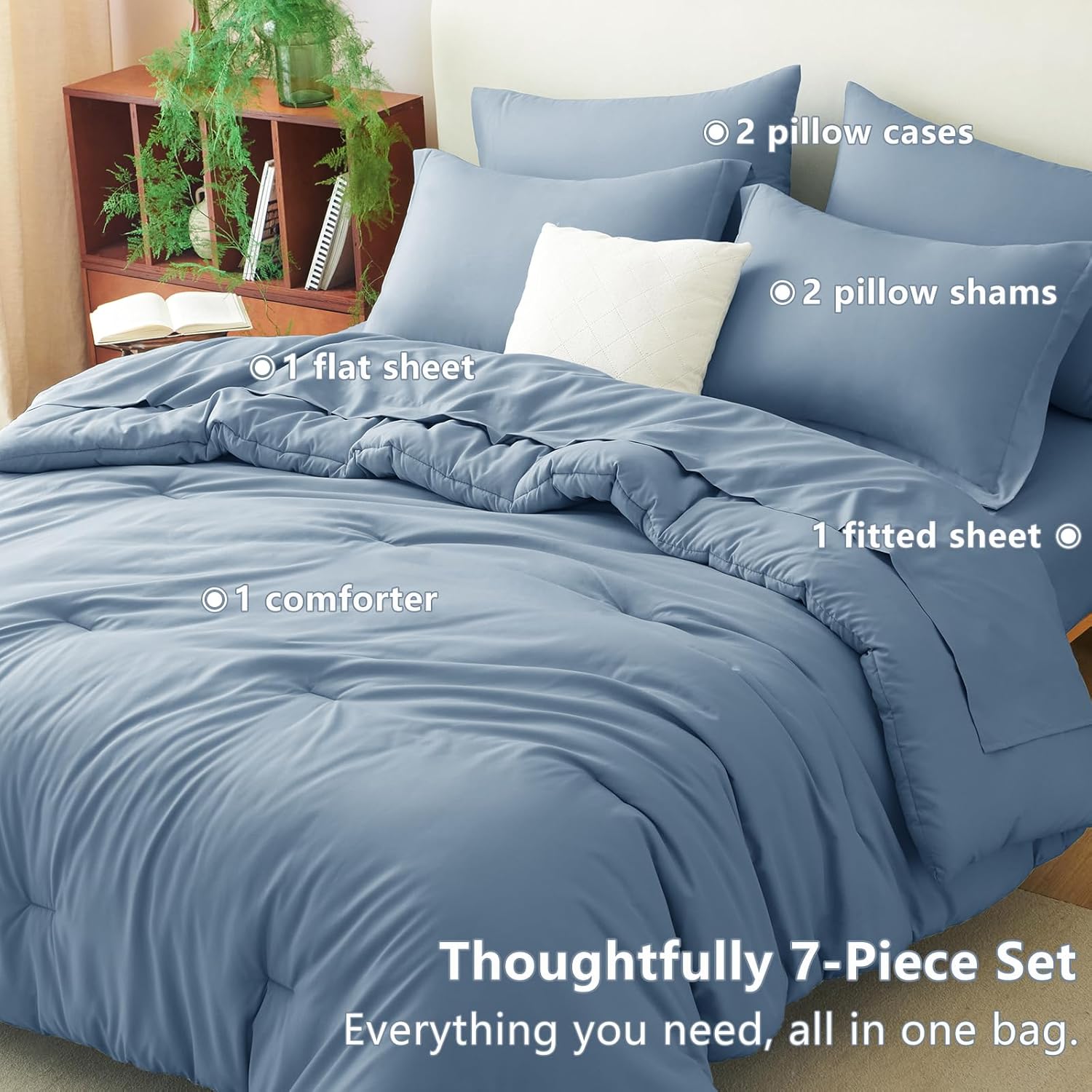 CozyLux Full Comforter Set Grayish Blue, 7 Pieces Bed in a Bag Bedding Comforter Set with Sheets, All Season Boho 7PC Bed Sets with Comforter, Fitted Sheets, Flat Sheets, Pillow Shams and Pillowcases - Image 6