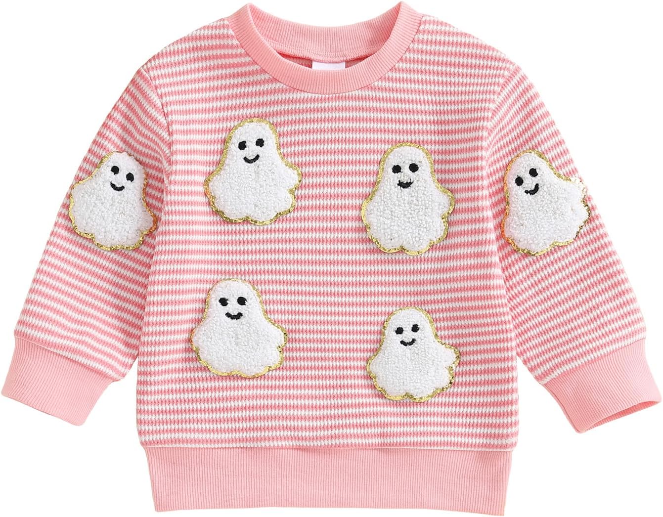 Toddler Girl Boy Halloween Outfit Pumpkin/Ghost Stripe Long Sleeve Waffle Knit Pullover Sweatshirt Fall Winter Clothes