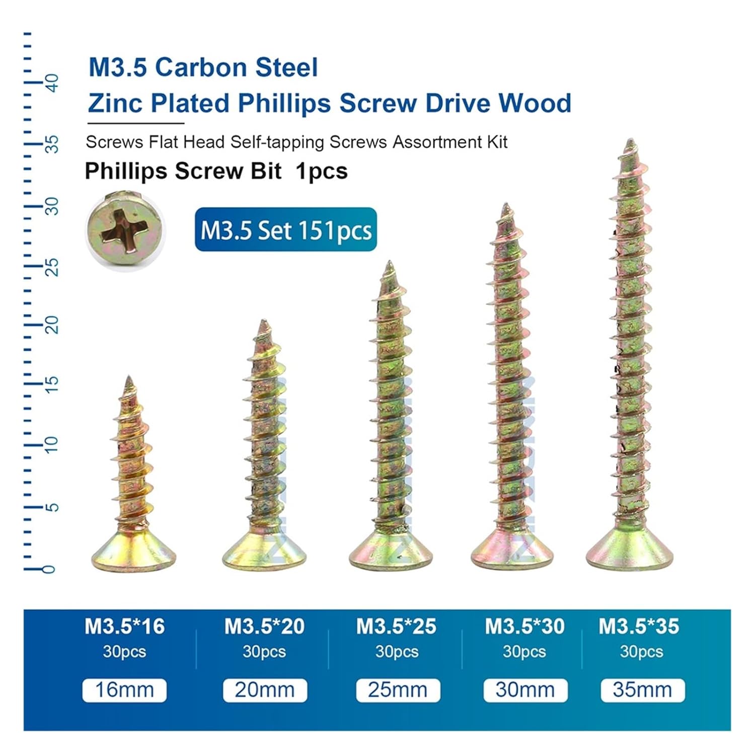 Wood Screw Kit M3.5 M4 Cross Recessed Fiberboard Screw Zinc Plated Flat Phillips Head Self Tapping Screw for Chipboard(M3.5 M4 251pcs)