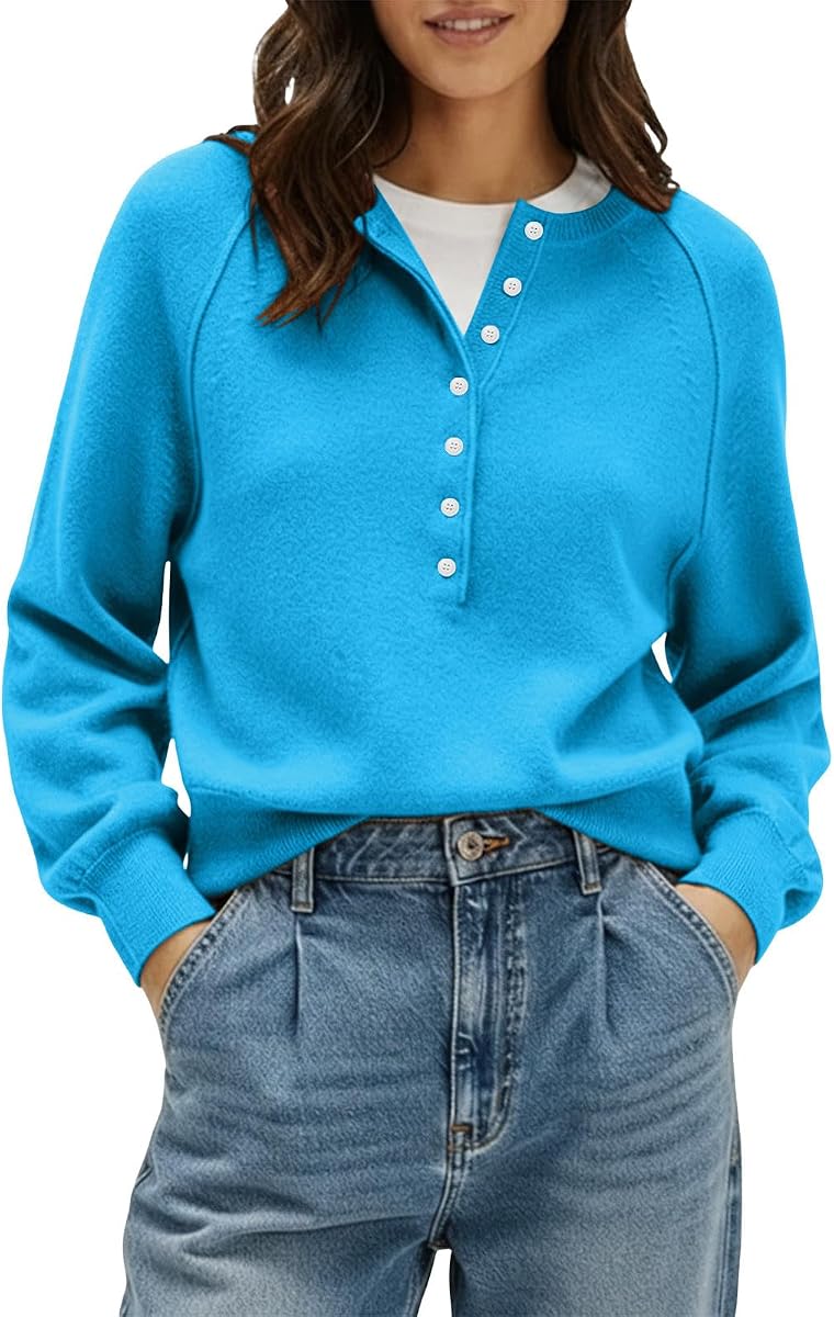Women's Henley Sweater Long Sleeve Button Neck Knit Pullover