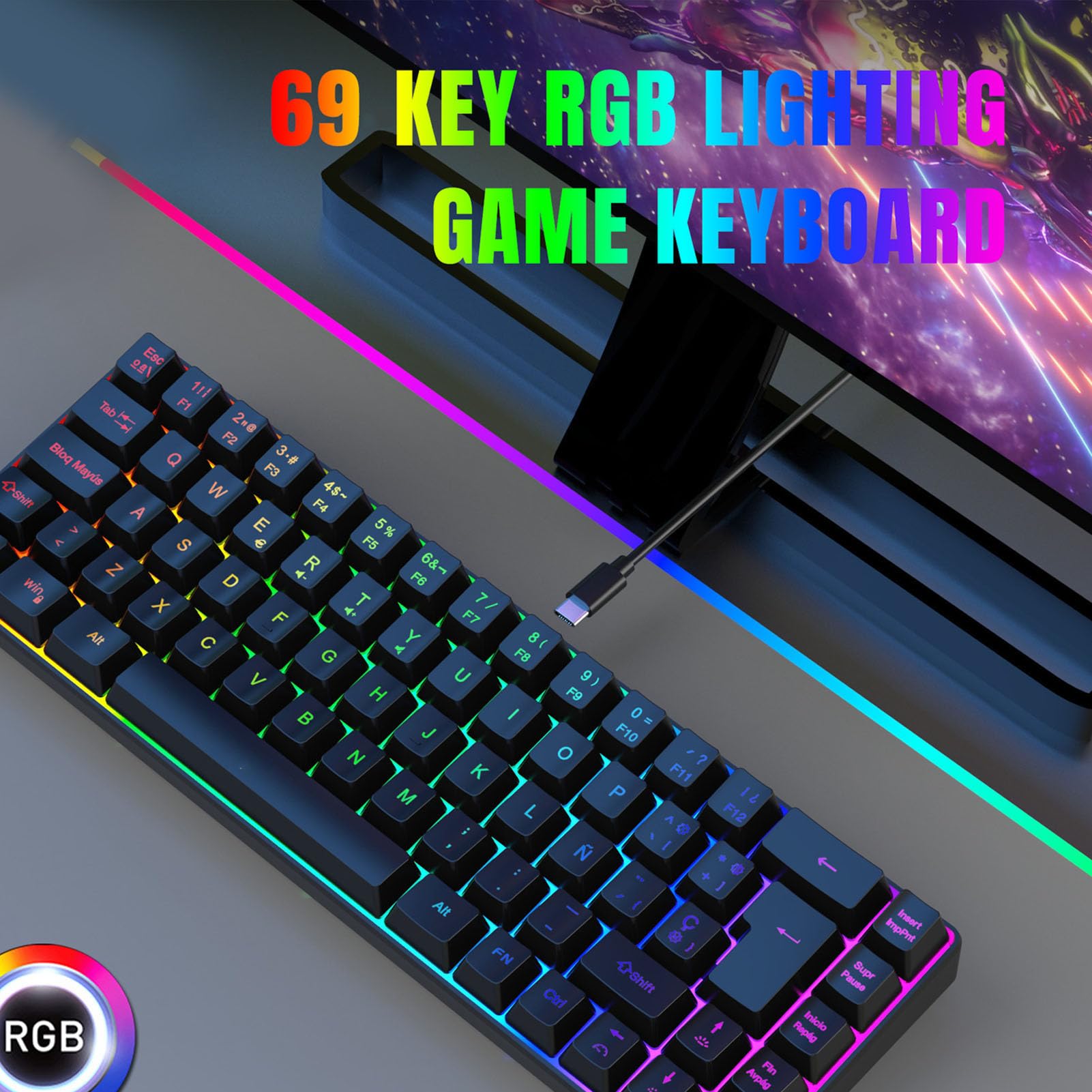 Bewinner Tastiera Meccanica da Gioco Al 60%, Tastiera Compatta Retroilluminata a LED RGB a 20 modalità con 68 Tasti, Tastiera Meccanica Ergonomica USB per Tablet PC Portatile (BLACK)