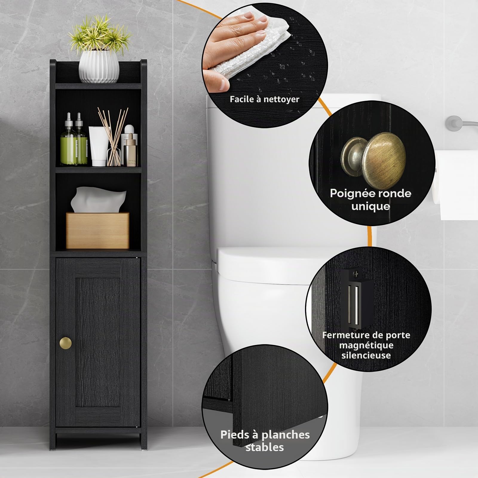 RRX Petite armoire de rangement pour salle de bain, organiseur de salle de bain autonome pour petits espaces, sol d'angle étroit avec porte et étagères, noir