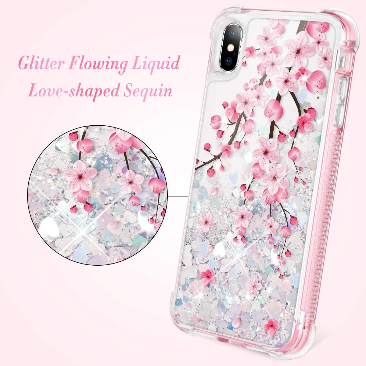 Caka Case for iPhone Xs Max, iPhone Xs Max Glitter Case Full Body Flower Bling Liquid Protective Girly Girls Women Sparkle Quicksand Pink Cherry Blossom Love Glitter Case for iPhone Xs Max (Cherry)