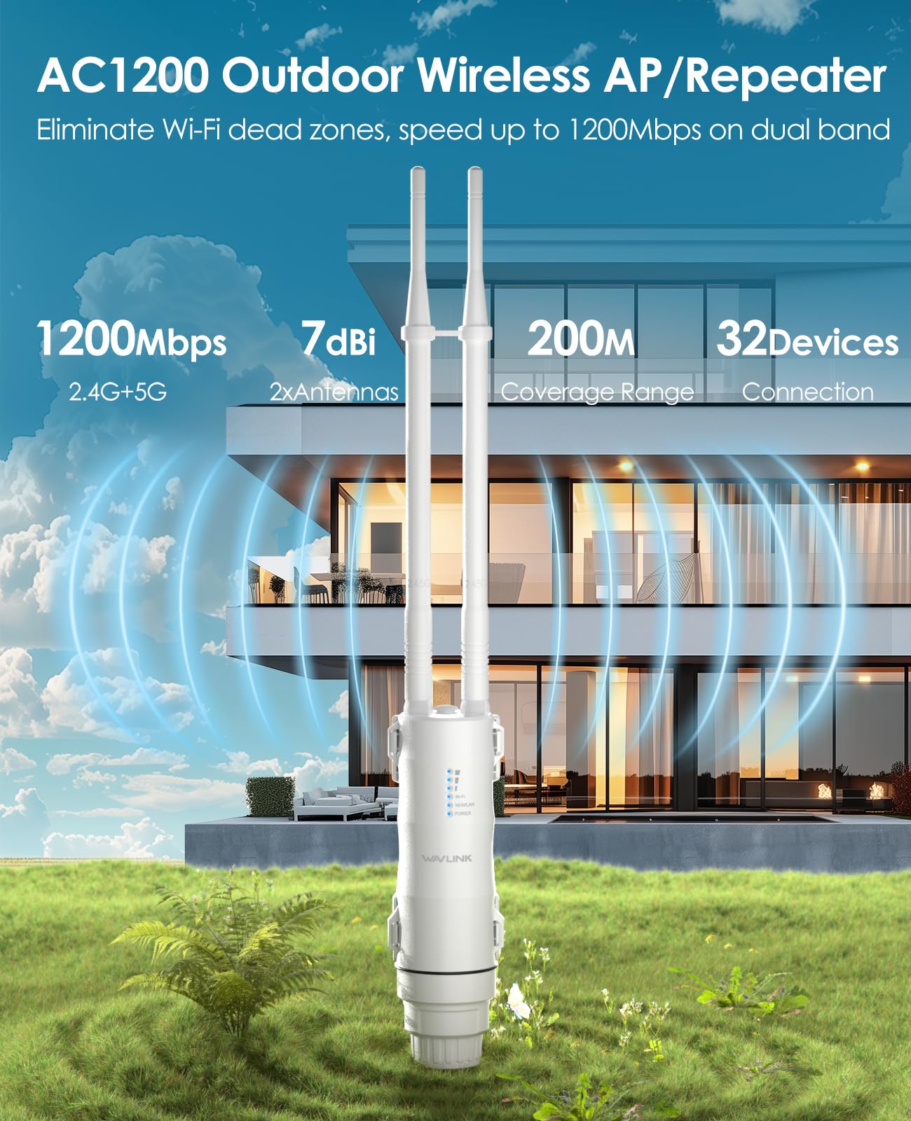 WAVLINK AC1200 Répéteur WiFi Extérieur Longue Portée PoE - Amplificateur Signal Double Bande 2.4G + 5G IP67 Étanché, Point d'Accès Outdoor avec Antennes Puissantes, Idéal Jardin Piscine Parking - 4