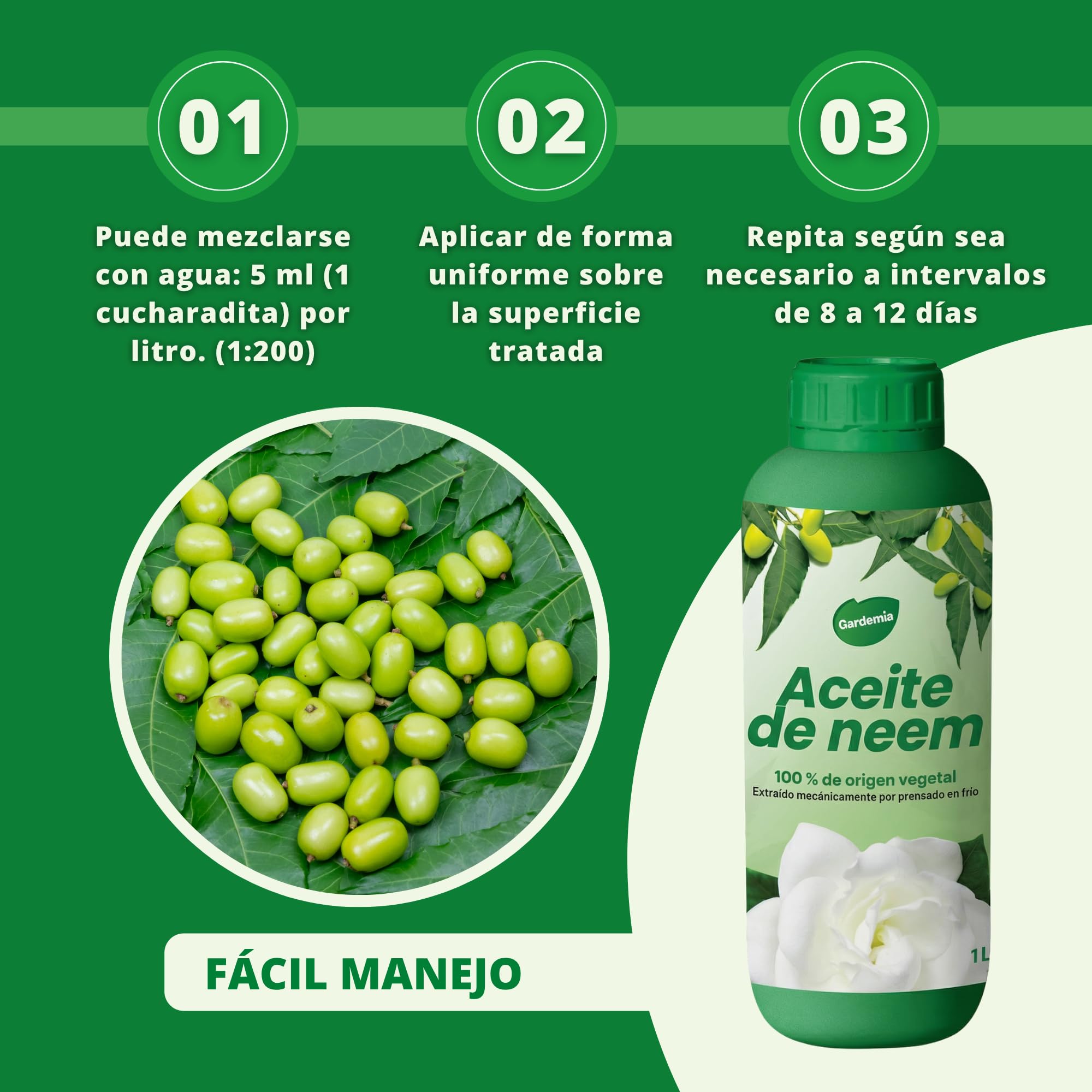 Gardemia Aceite de Neem con Emulsionante 1L miscible en agua 100% de origen vegetal extraído mecánicamente por prensado en frío de los frutos del árbol Neem