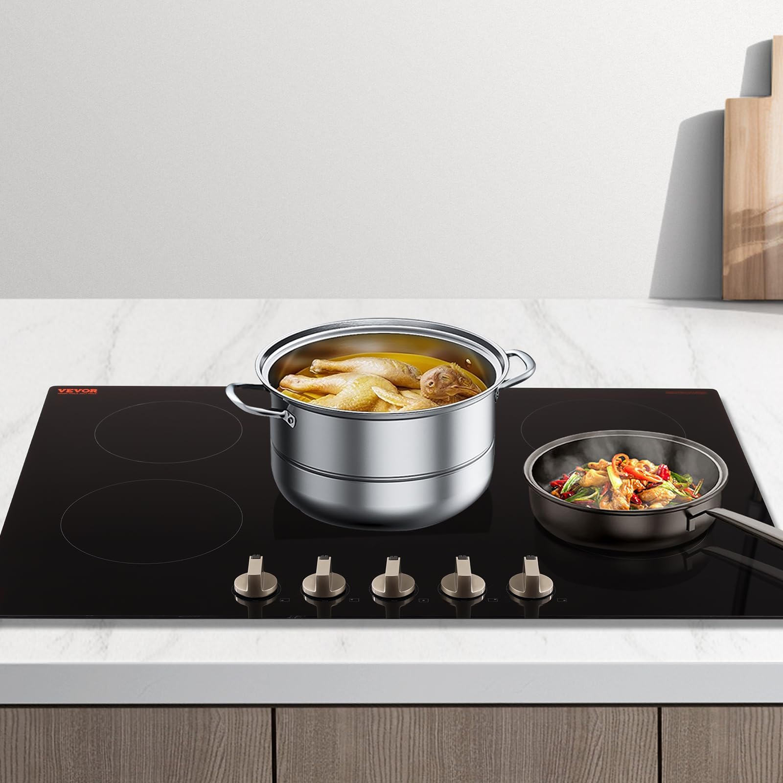 SK-92IHA36CK04 9200W Electric Countertop Burner Knob Control Stove, Built-in Induction Cooktop with 12 Temperature Settings, Glass Surface, Auto Shut-Off, 36in 5 Burners/220V, Black