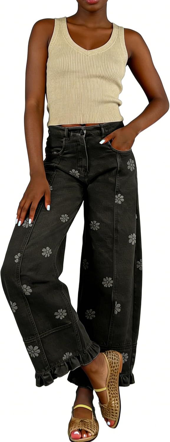 utcoco Barrel Jeans Women 2026 Floral Print Wide Leg Jeans Y2k Patchwork Baggy Boyfriend Denim Pants image 2