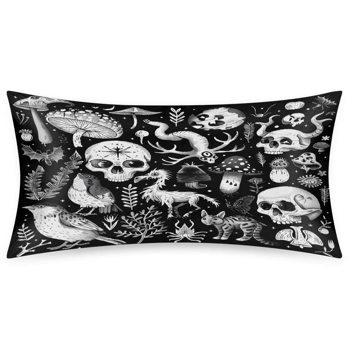 Satin Pillowcase for Hair and Skin Halloween Skeleton Mushroom White Soft Silk Pillow Case with Envelope Closure Cooling Pillow Cases Slip Pillow Cover for Women Men Kids Boys Girls
