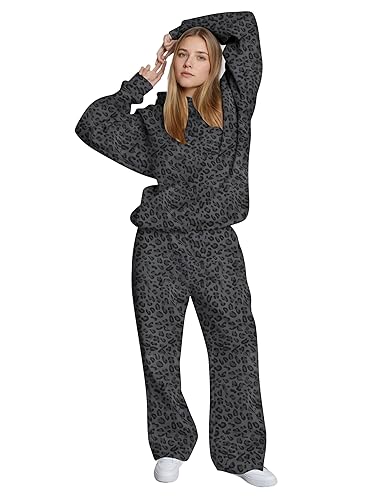 Ythomm Womens Leopard 2 Piece Sets Oversized Hoodies Straight Leg