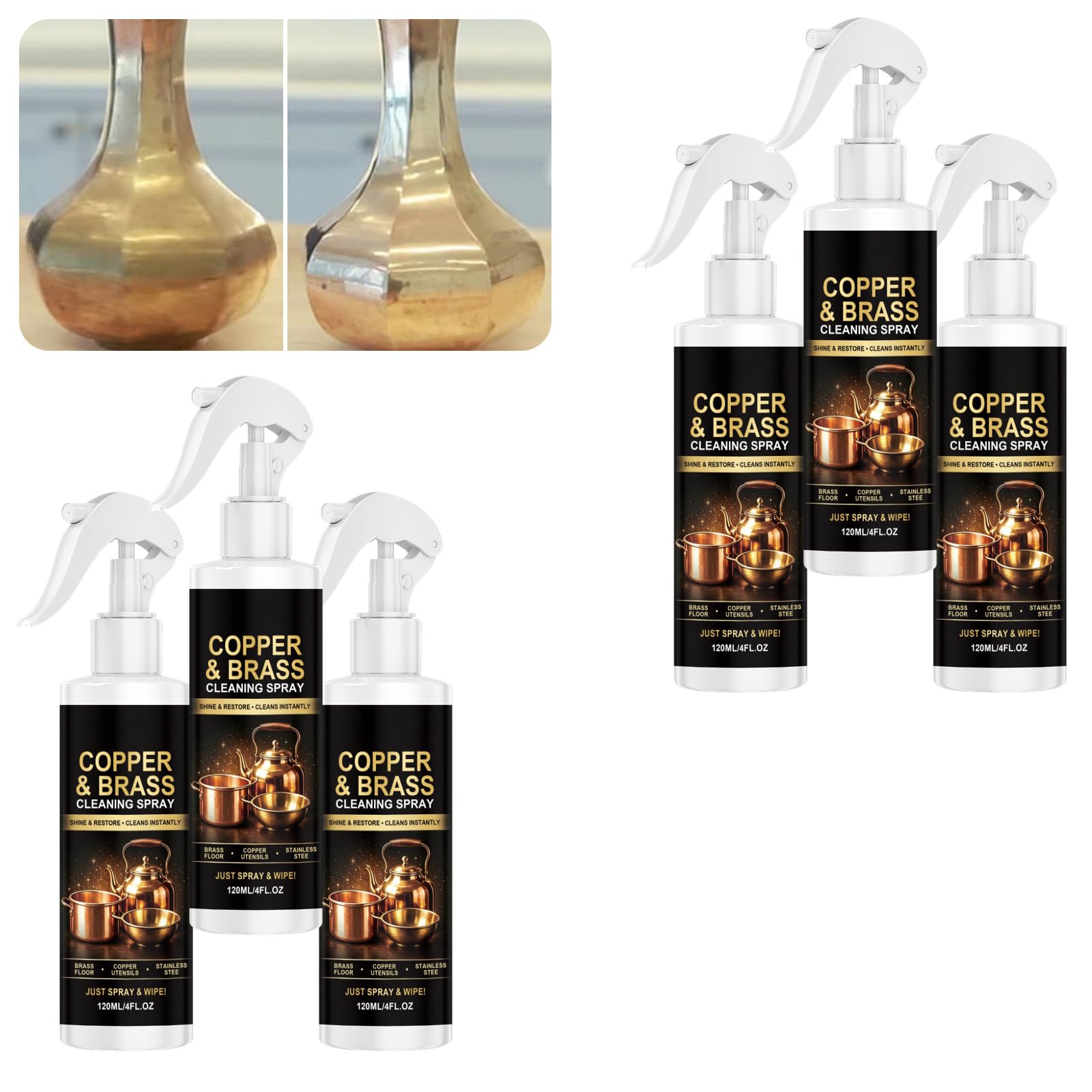 Nettoyant pour laiton et spray de polissage pour cuivre, dissolvant de ternissement pour métal en acier inoxydable, surface métallique de polissage pour restaurer la brillance, nettoyant pour (6PCS)