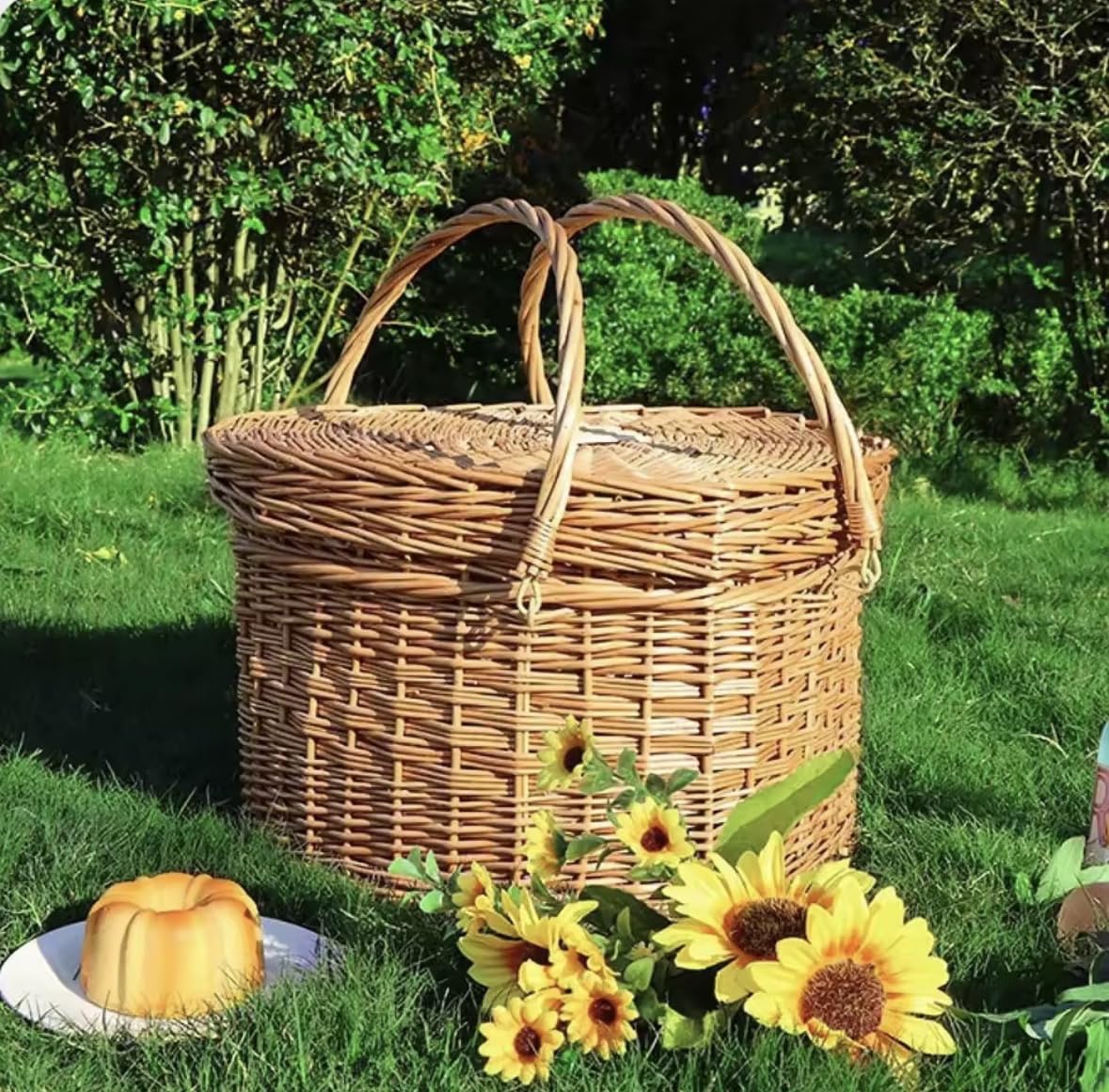 Cesta de picnic de mimbre, transportador tejido de ratán en forma de corazón con asa, almacenamiento portátil de alimentos para camping, viajes y comedor al aire libre, 45 x 39 x 25 cm