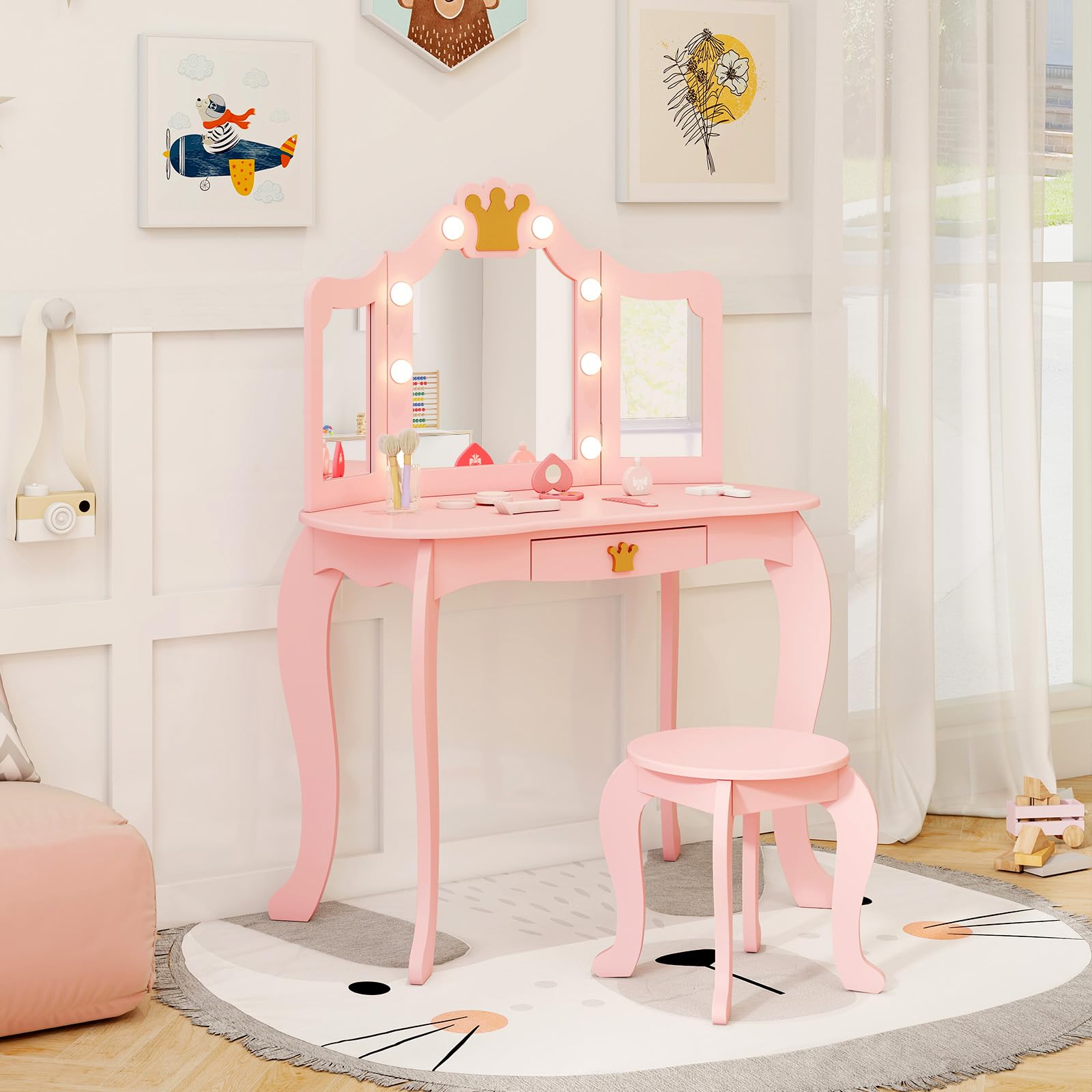 COSTWAY Tocador de Maquillaje Niña, Tocador Niña Madera con Espejo Plegable y 8 Bombillas, Juego de Mesa y Silla de Princesa con Brillo Ajustable, Cajón Extraíble y Taburete (Rosa, con Luces)