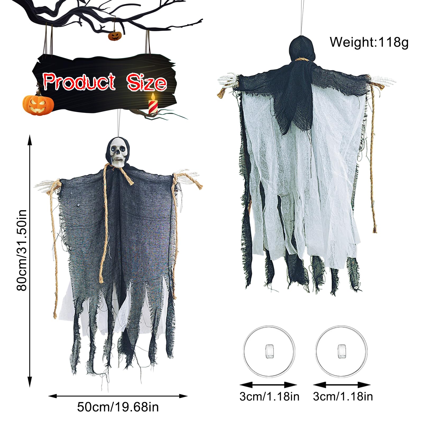 Decoración de fantasma colgante de Halloween, decoración de árbol fantasma de esqueleto, bata negra