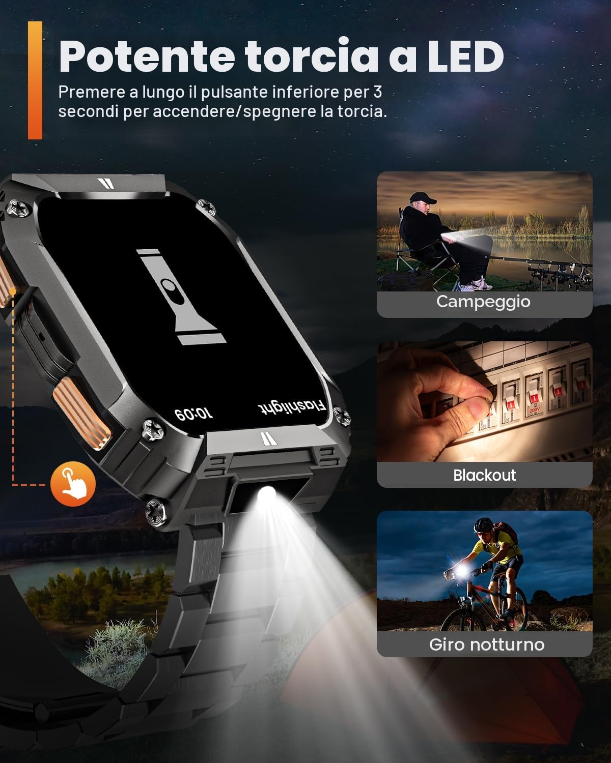 Smartwatch Uomo Militare con Torcia LED/1000mAh, 2.01" AMOLED Smartwatch con Chiamate, 113 Modalità Sportive, 5 ATM Impermeabile Orologio Fitness, Cardiofrequenzimetro/Sonno/SpO2 Android iOS