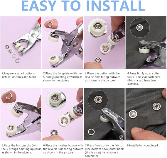 PLUSHCEWT 100 Sets Snap Button Fastener Kit,9.5mm Colorful Metal Press Studs nap Fasteners & Poppers with Pliers,No-Sew Press Studs for Clothing,Bags,DIY Crafts