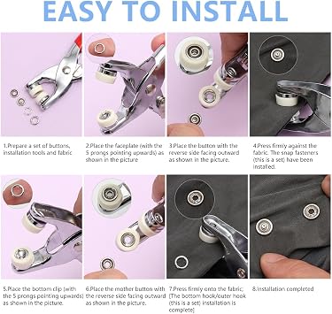 PLUSHCEWT 100 Sets Snap Button Fastener Kit,9.5mm Colorful Metal Press Studs nap Fasteners & Poppers with Pliers,No-Sew Press Studs for Clothing,Bags,DIY Crafts