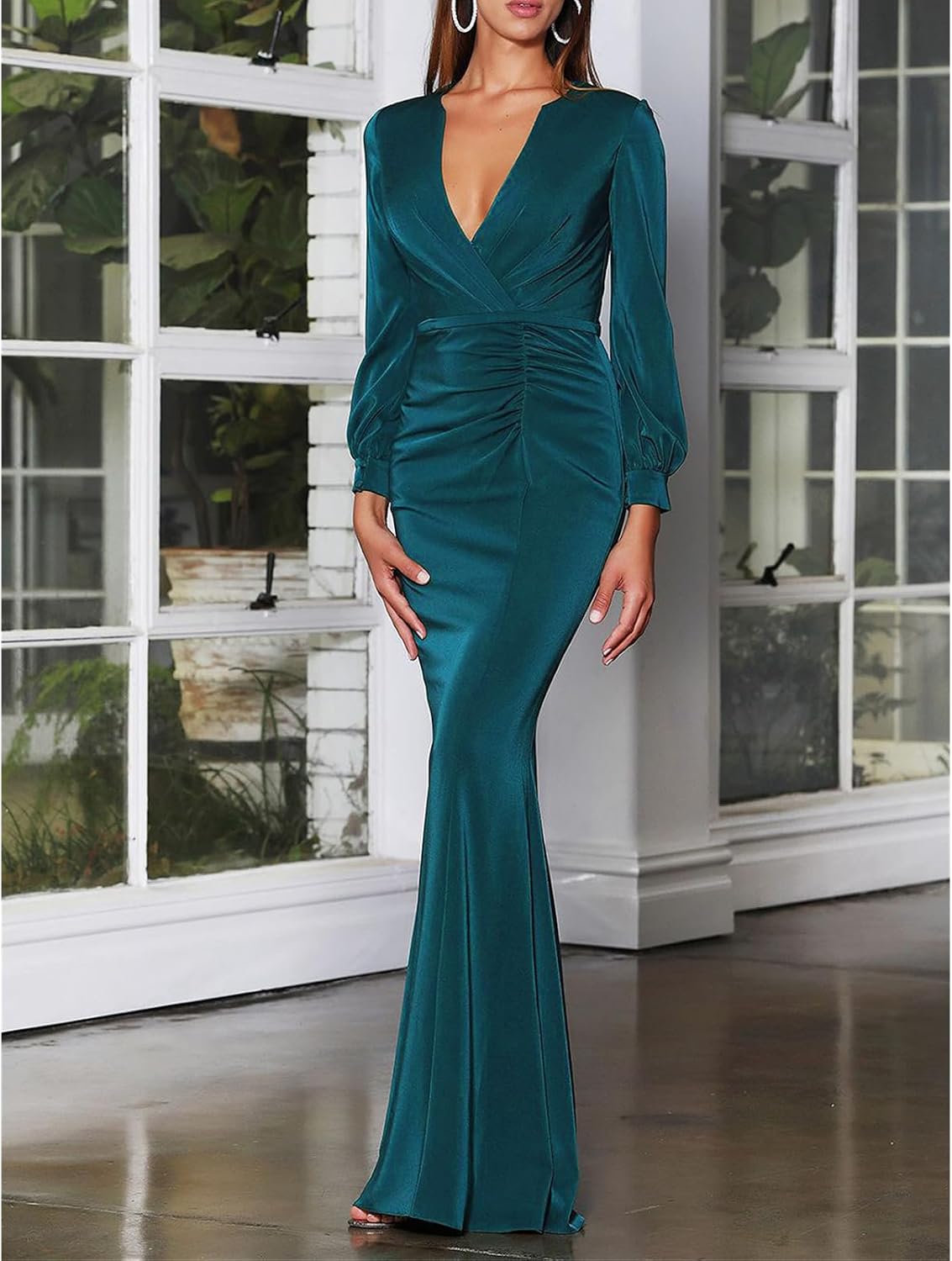 Generic Women's Deep V Neck Long Dresses Long Sleeve Ruched Maxi Dress Formal Cocktail Party Fishtail Bodycon Dress