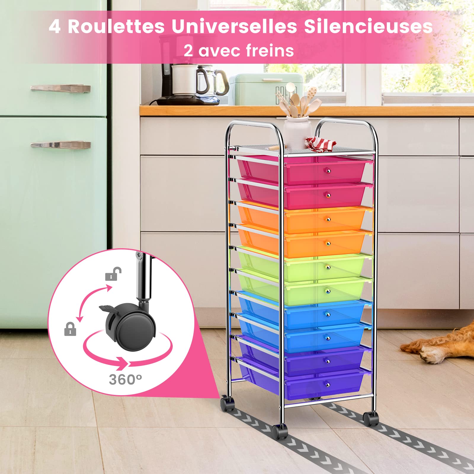 GOPLUS Chariot de Rangement à Roulettes avec 10 Tiroirs en PP, Tour de Rangement Mobile avec Poignée, Tablette Grand, Cadre en Métal, 37x33x86CM, Meuble Desserte pour Salle de Bain, Cuisine, Bureau