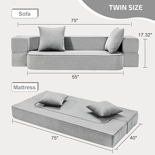 Miniatura 91 de Sofá cama plegable 2 en 1 con almohada, silla plegable, sofá de piso y colchón para dormir, funda lavable y silla de espuma viscoelástica para sala
