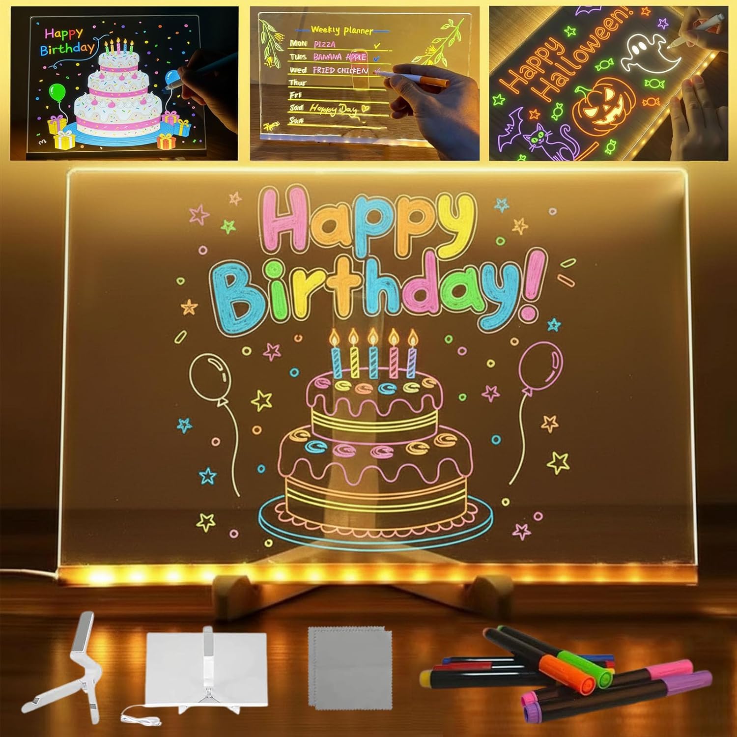 Lumilite LED Drawing Board with Night Light, Dry Erase Acrylic Message Board with Adjustable Stand and 7 Colored Pens for Home, Office and Holiday Gifts (11.8″ × 11.8″)