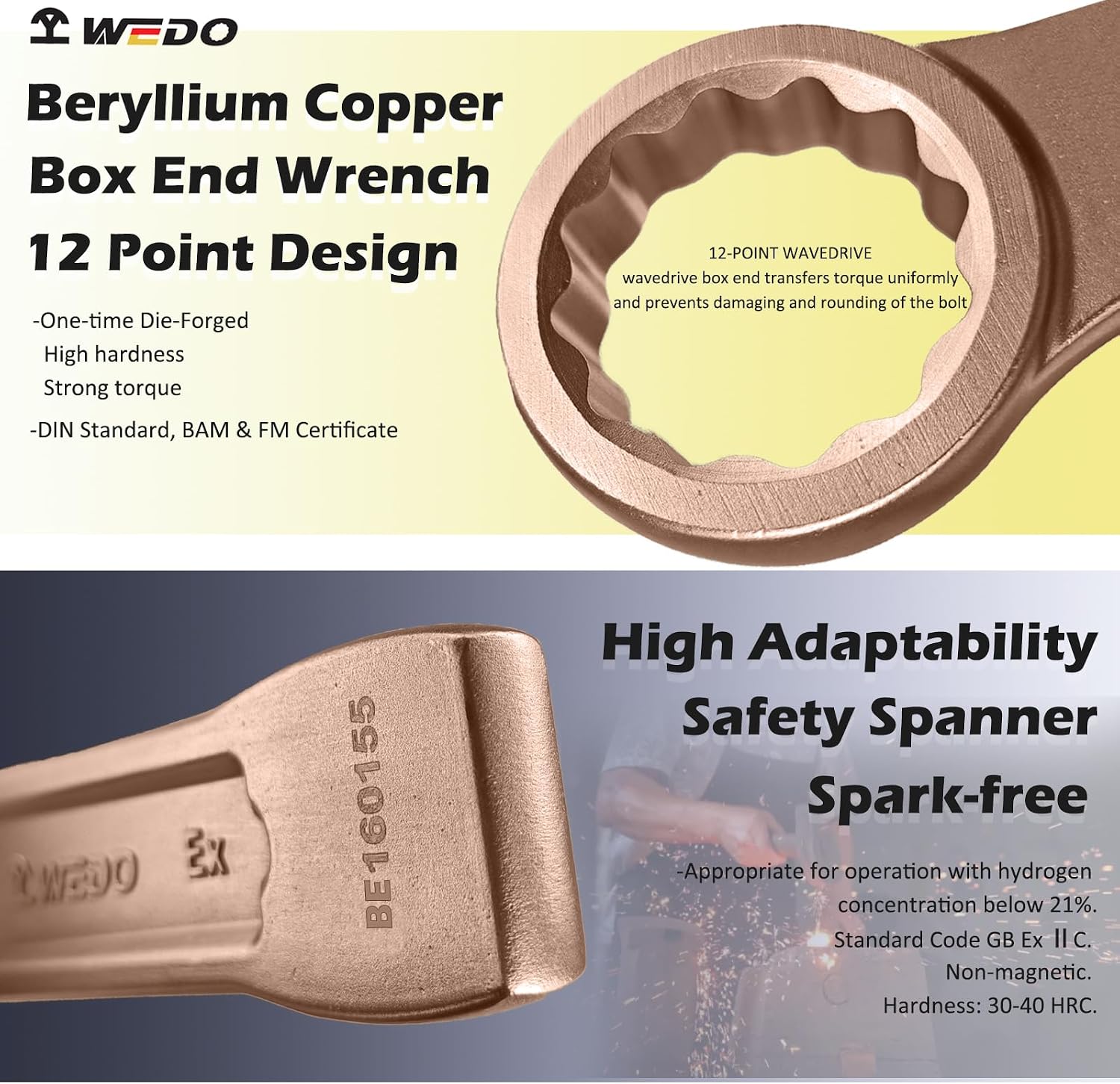 WEDO Non-Sparking Flat Strike Wrench,1-5/8"(41mm) Striking Box End Wrench, Slogging Ring Spanner Straight Handle,Spark-free Safety Spanner,Beryllium Copper,Non-magnetic,For Mechanic Garages Workshops