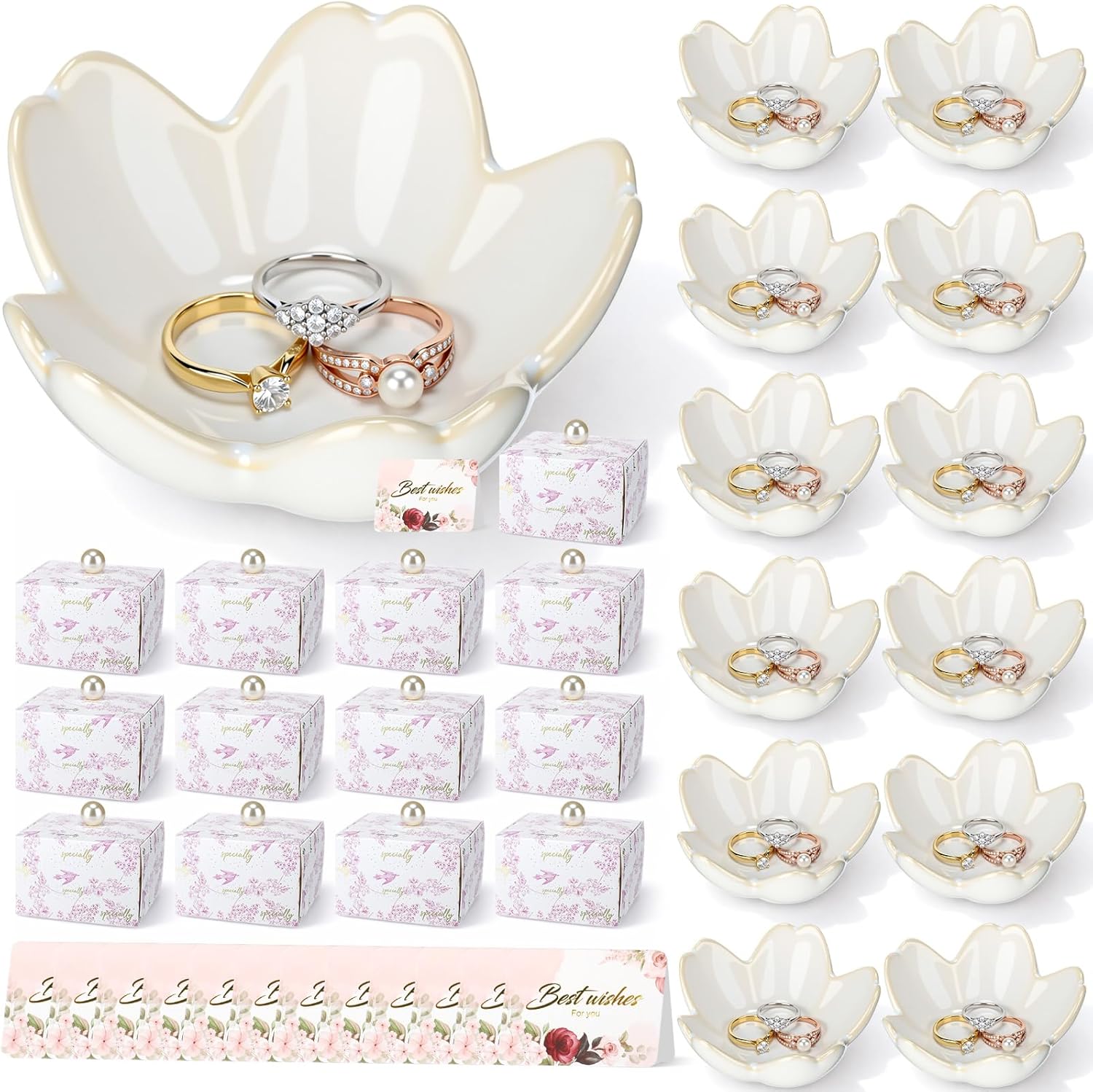 Quelay 12 Set Ceramic Flower Ring Dish Jewelry Tray with Box Greeting Card Small Glass Trinket Dish Tray for Earrings Jewelry Room Decor Bulk Mom Appreciation Gift for Women Grandma Wife Daughter