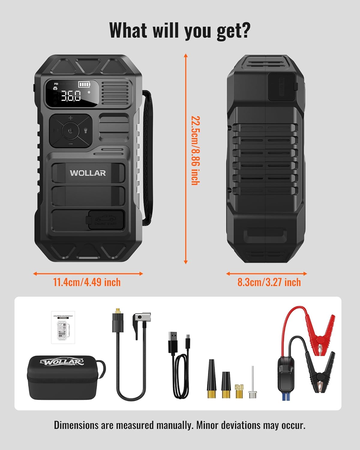 3000A Jump Starter with 160PSI Air Compressor - Car Battery Jumper Starter, 74Wh Portable Tire Inflator, 12V Jump Box, 20000mAh Powerbank, Dual Flashlight for 8.0L Gas & 7.0L Diesel Engines