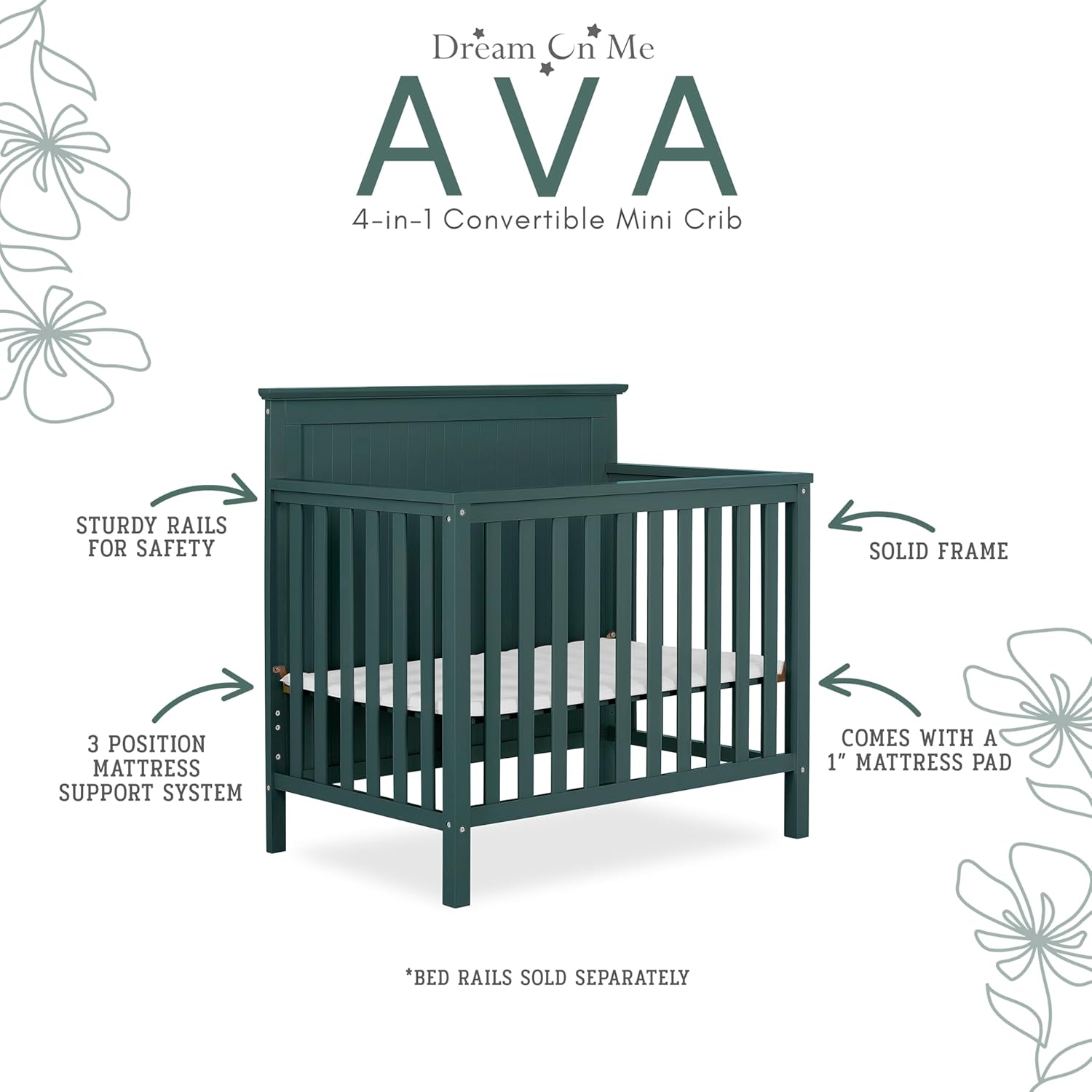 Dream On Me Ava 4-in-1 Mini Baby Crib with Daybed & Twin Bed Conversion in Olive, GreenGuard Gold & BSA, Non-Toxic Finish, 3-Position Adjustable Height, Includes 1″ Mattress Pad