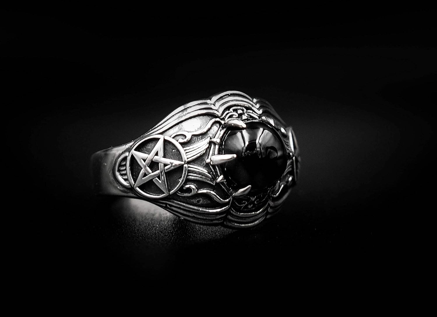 Onyx Pentagram Star Ring Tetragrammaton Pentagram Magic Seal of Solomon Ring 925 Sterling Silver Size 6-15