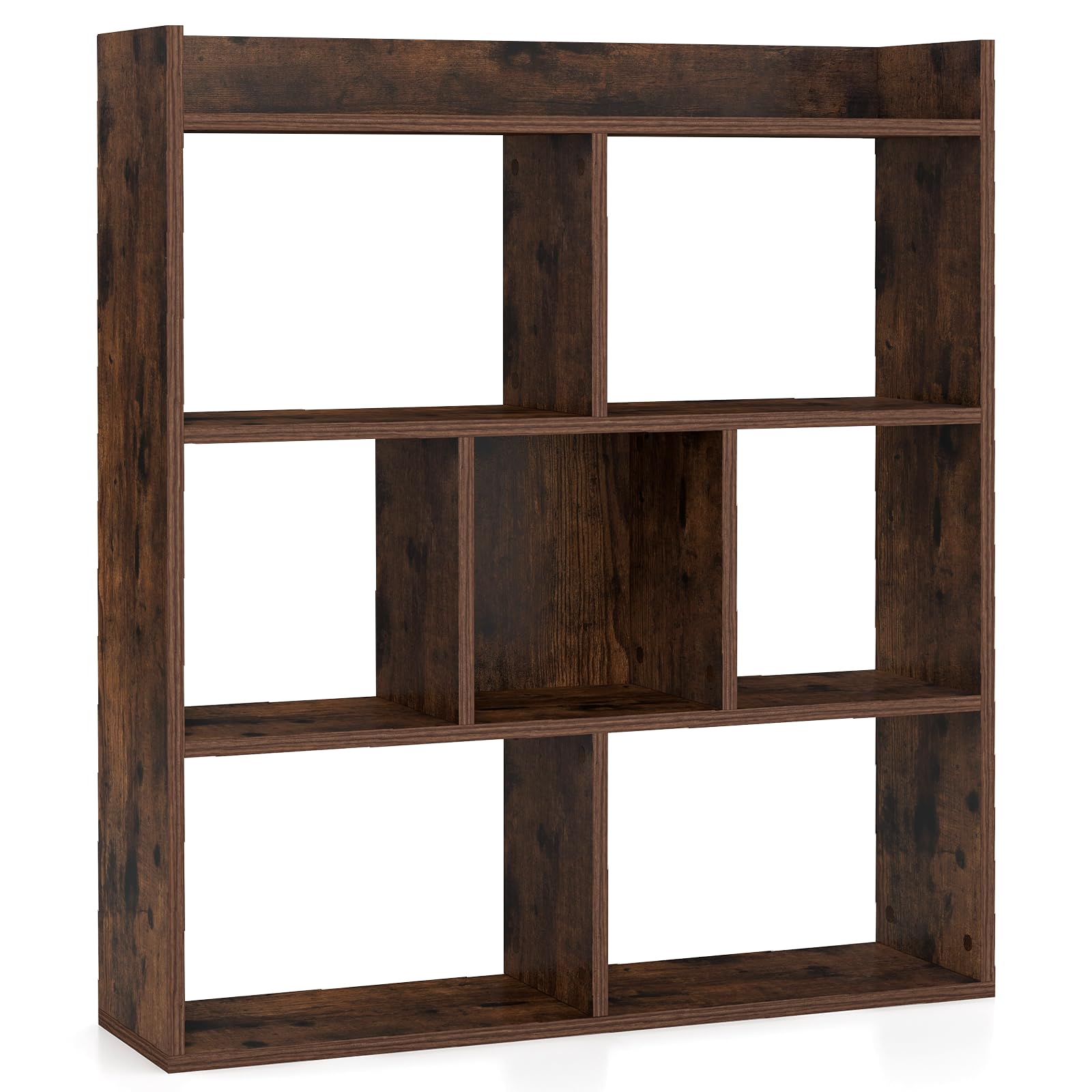 CASART 7-Cube Bookshelf, Wooden Freestanding Bookcase with Anti-Toppling Devices, Modern Display Shelf Open Shelving Unit for Living Room Bedroom Office (Rustic Brown)