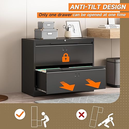 Miniatura 7 de Topass Archivadores laterales con cerradura, 2 cajones de acero anchos para organización de archivadores, archivador de acero para tamaño A4