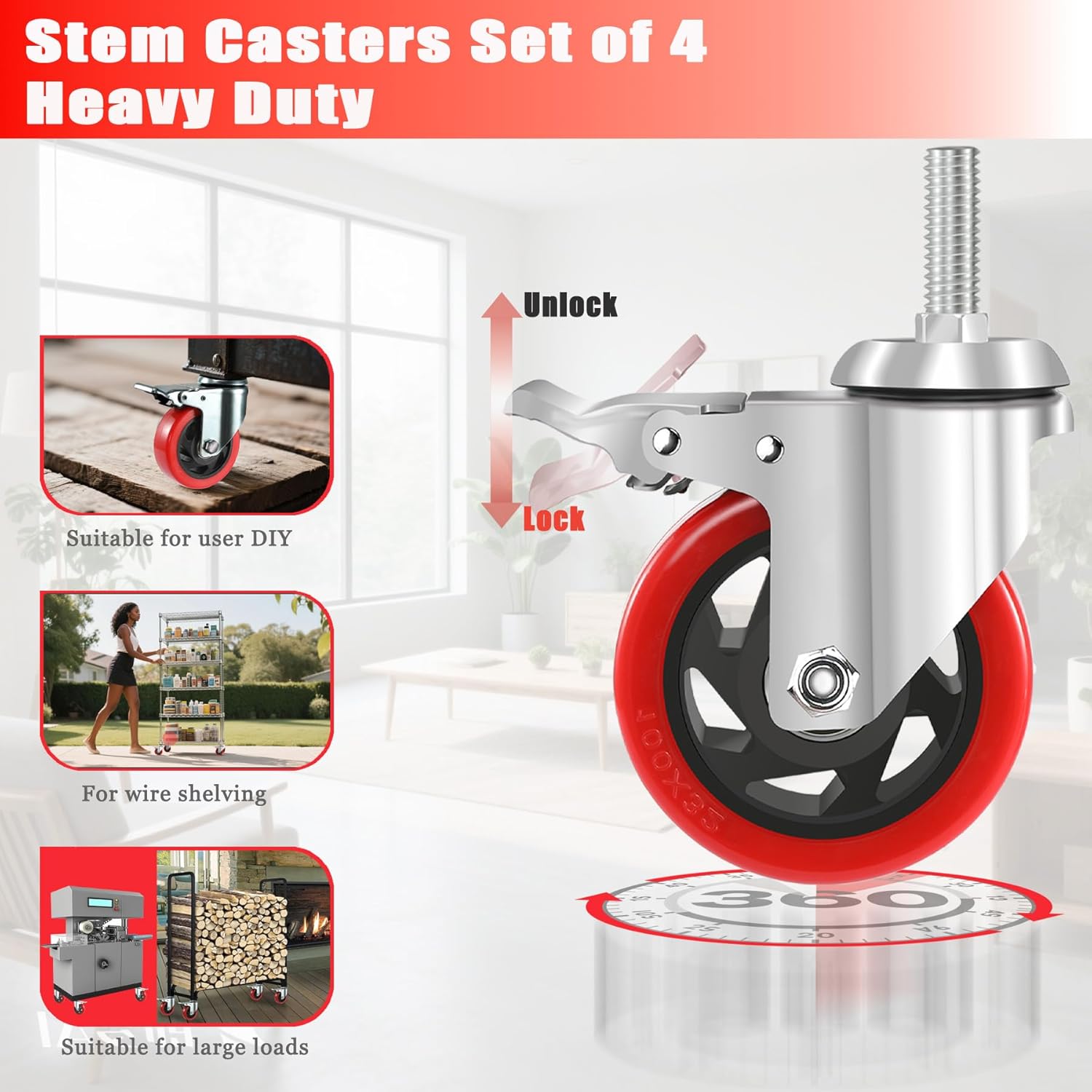 4 inch Caster Wheels, 1/2 Threaded Stem Casters Set of 4 Heavy Duty,1/2"-13 x1-1/4(Stem Diameter 1/2", 13 Threaeds Per Inch, Length 1.25"), Industrial Castor Wheels for Cart,Furniture