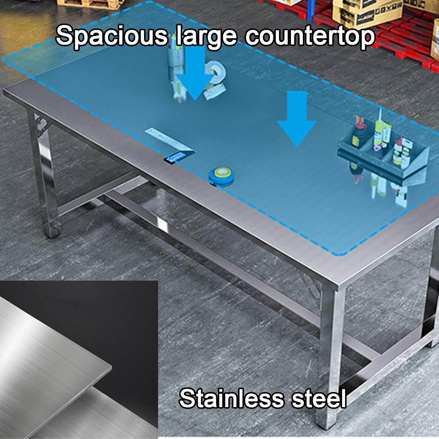 Stainless Steel Workbench Cross-bar Reinforced Heavy-Duty Columns Commercial-Grade Work Table Triangular Reinforcement Bolt-Reinforced Non-Slip Adjustable Feet Suitable for Warehouses and Workshops