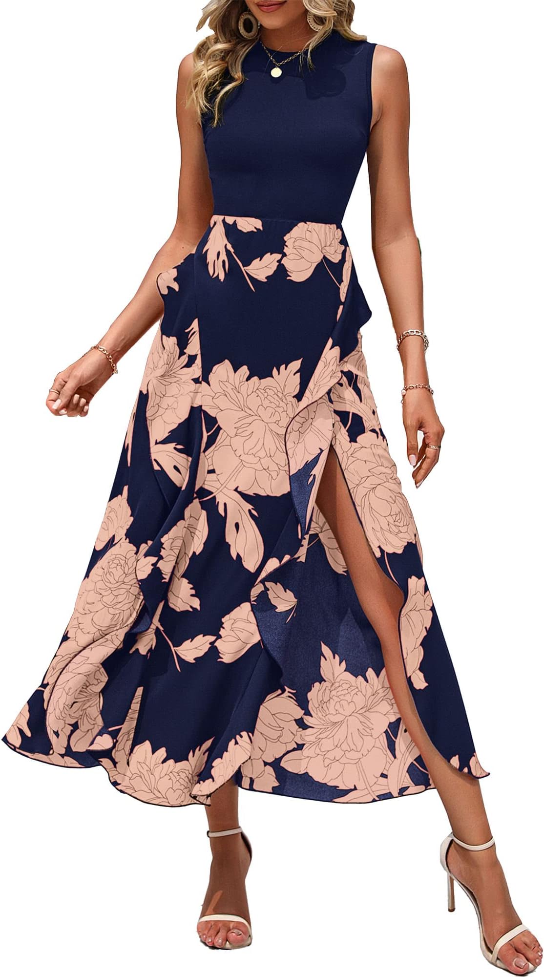 Summer Dresses for Women 2026 Casual Spring Floral Sleeveless Ruffle Boho Cocktail Wedding Guest Party Midi Dress