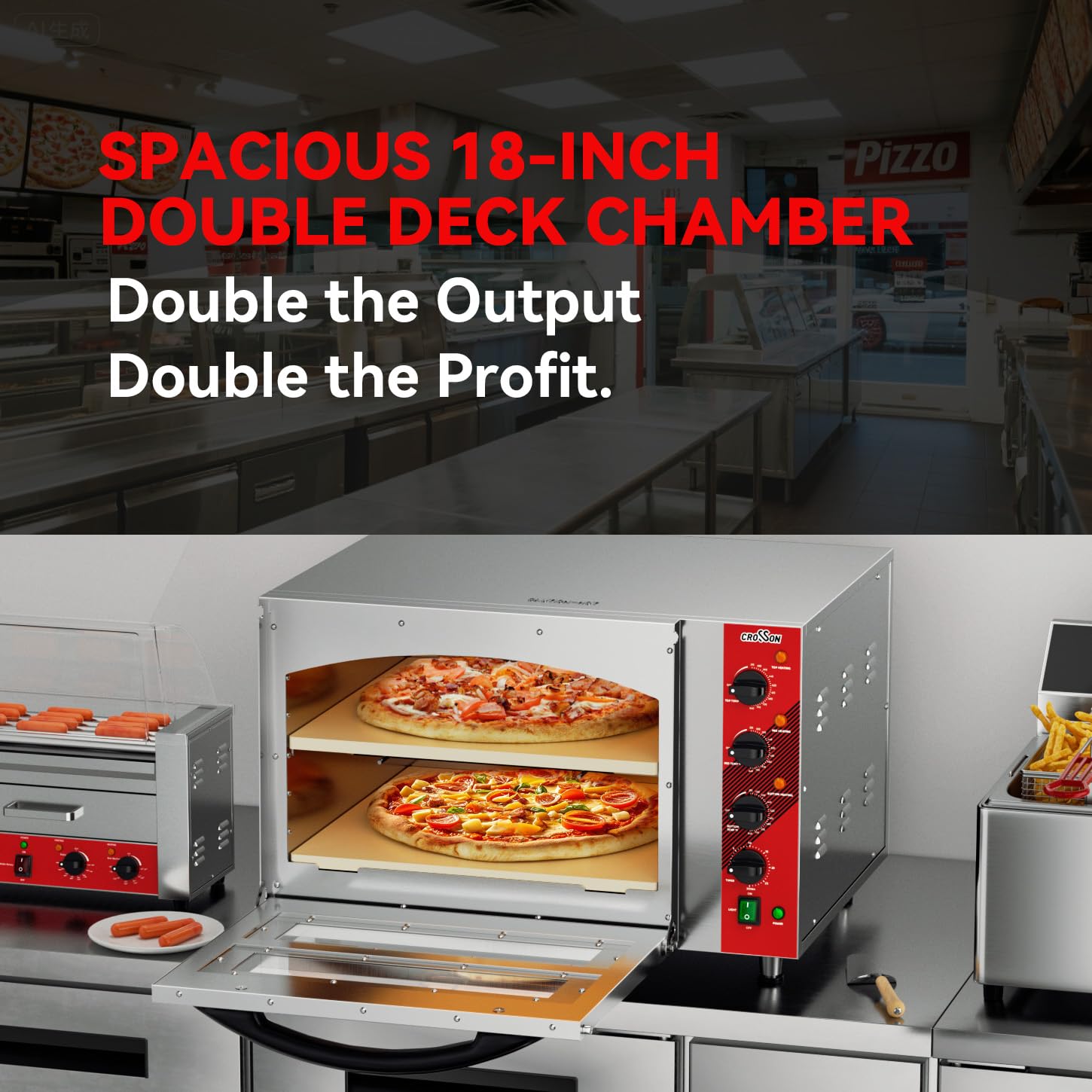 Commercial Countertop Double-Deck Pizza Oven - Electric, Makes Two 16" Pizzas, 3000W, Stainless Steel