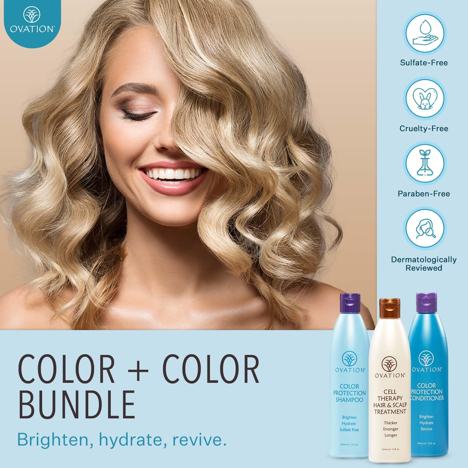 Ovation Hair 3-Step Bundle for Color-Treated Hair - with Color Protection Shampoo and Conditioner, Cell Therapy Hair Growth & Healthy Scalp Treatment - Brighten & Hydrate for More Vibrant Shiny Hair