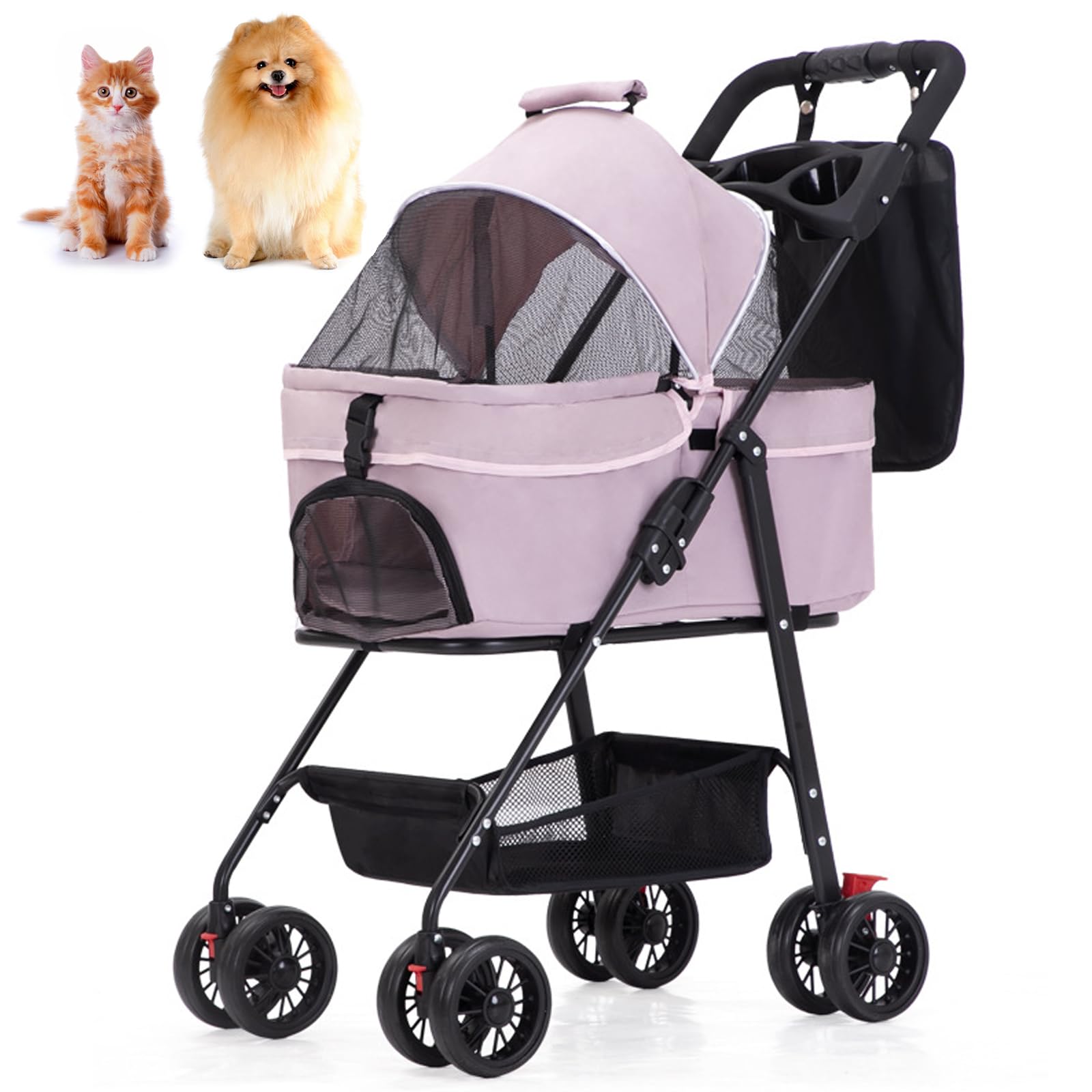 PJDDP Cochecito Jogger Jaula para Perro Y Gato, Cochecito De Mascotas 3 En 1 con Bolso Extraíble,4 Ruedas Giran 360 Grados con Frenos,con Cesta De Almacenamiento Y Portavasos,Rosado
