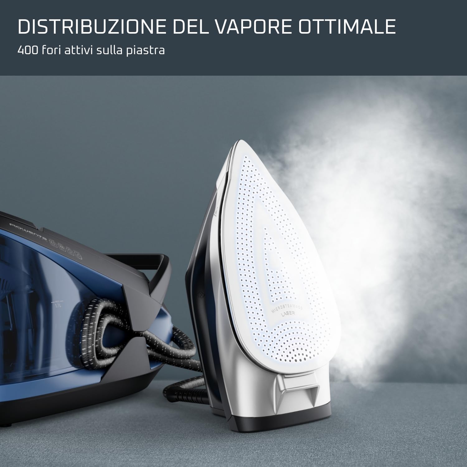 Rowenta VR8315 Powersteam Ferro da Stiro a Vapore con Caldaia Silenziosa, Pressione Fino a 6.2 Bar, 2400 W, 1.7 Litri, con Piastra in Acciaio Inox, Modalità Eco