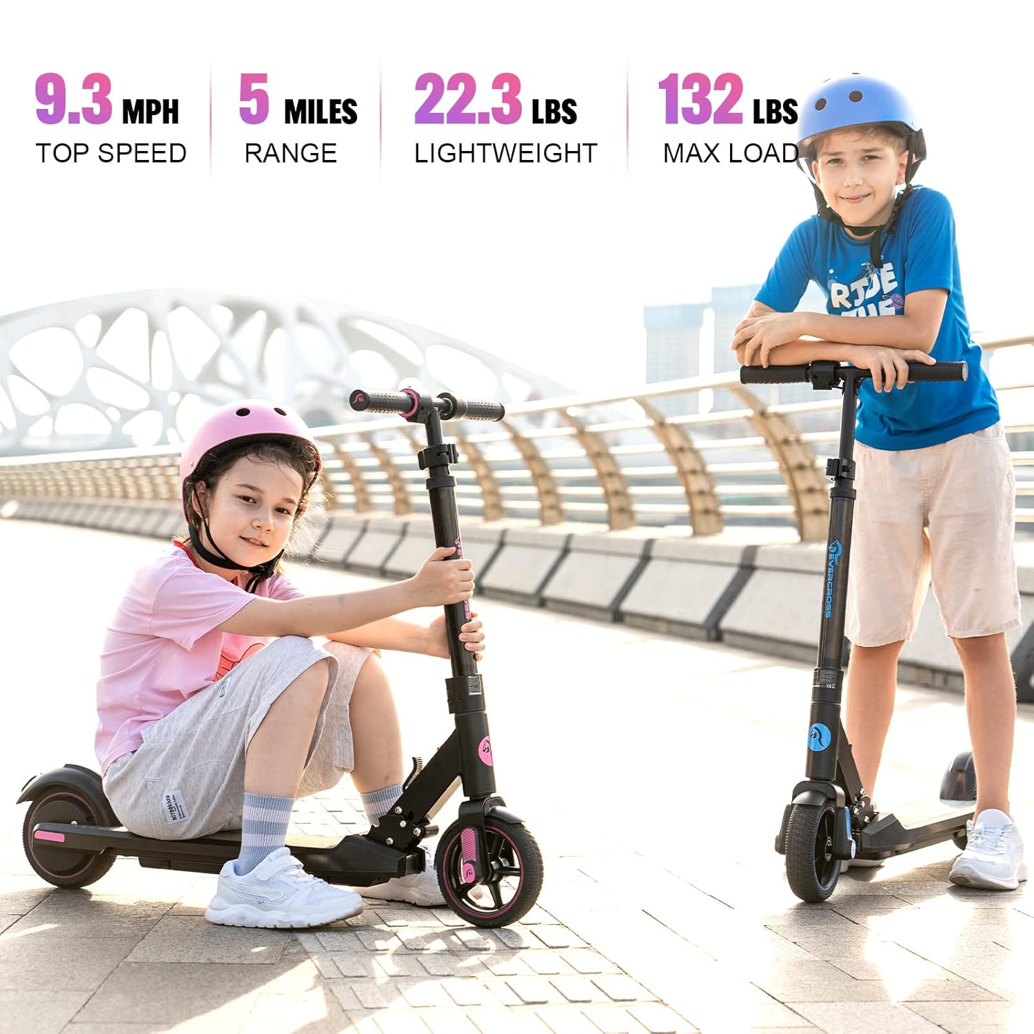 Two children with EverCross EV06C scooters, highlighting key specifications like top speed, range, weight, and max load.