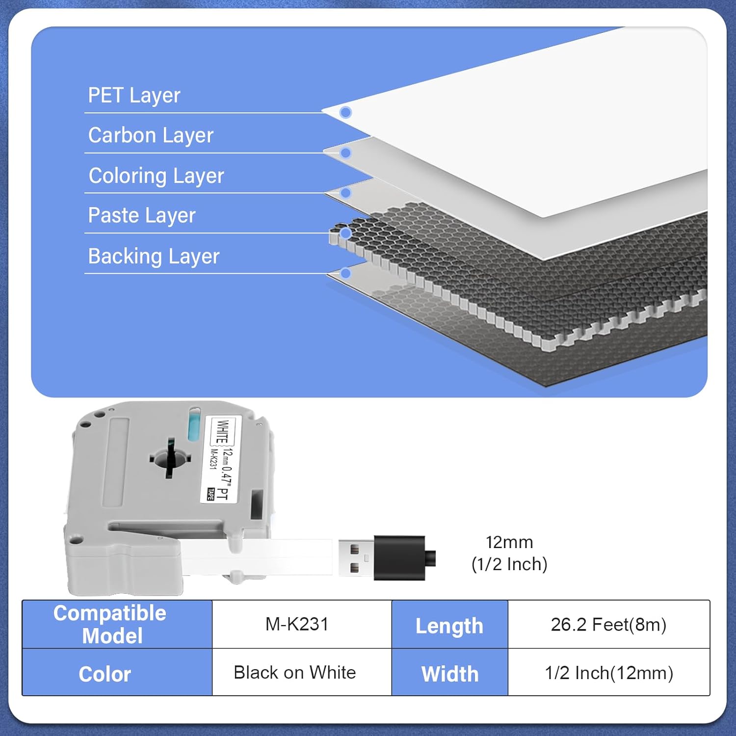 5 Pack M-K231 M Tape 12mm Compatible with M-K231s Brother Label Tape Black on White 0.47 Inch for P Touch PT-M95 PT95 PT65 PT-65 PT70 PT85 PT90 Label Maker Tape Refill - Image 2