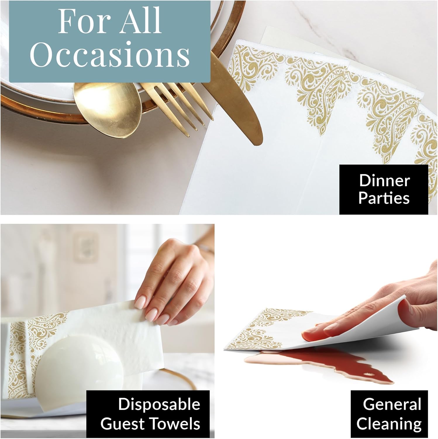Reli. Bathroom Napkins Guest Disposable (110 Pack) Gold Design Linen-Feel Guest Towels 12" x 15.75" | Cloth-Like Restroom Napkins | Paper Hand Towels for Bathroom, Kitchen, Dinner | Absorbent