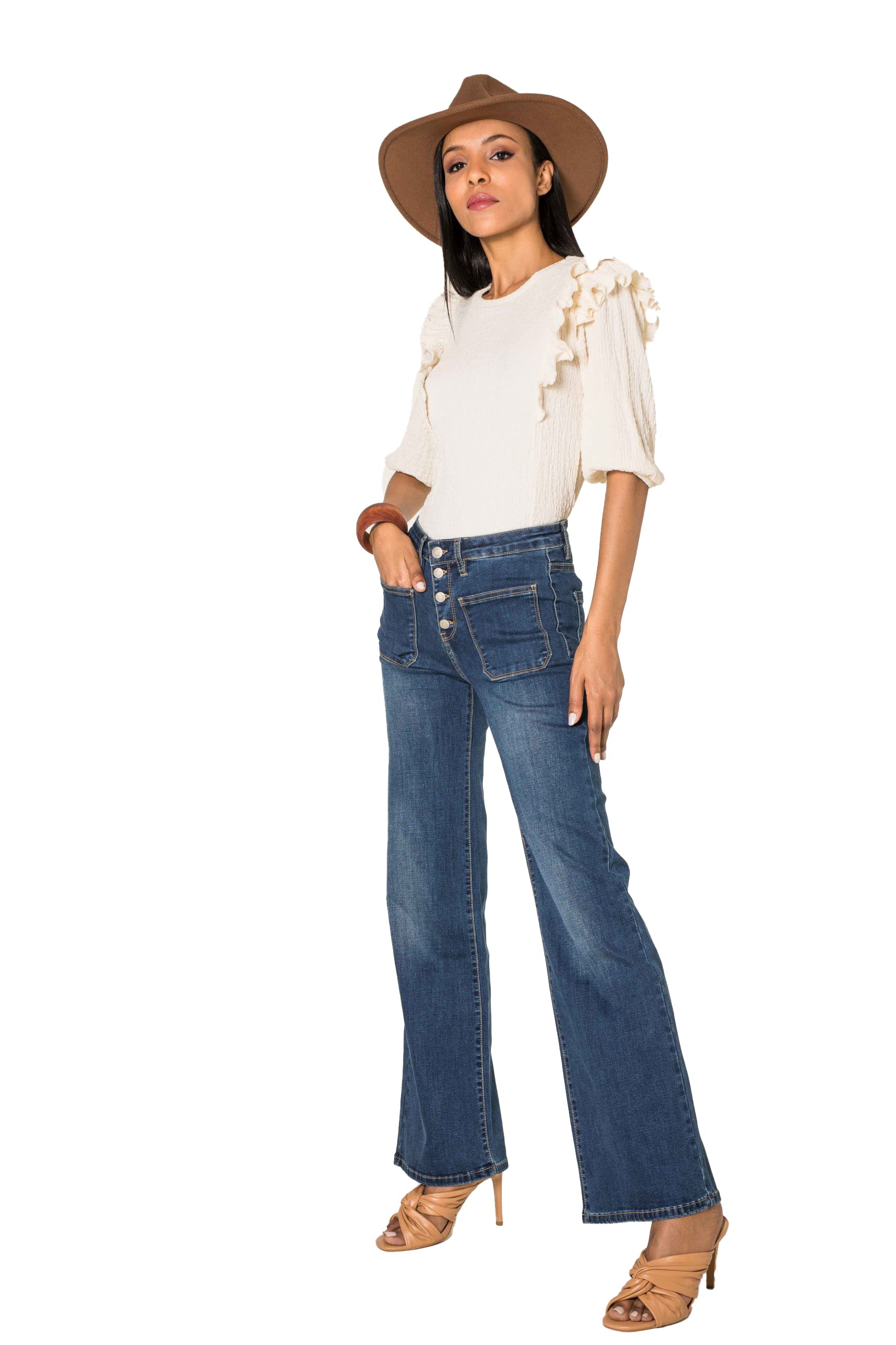 Nina Carter Flared Bootcut Jean pour Femme Taille Haute Évasé Vintage Effet Usé Stretch