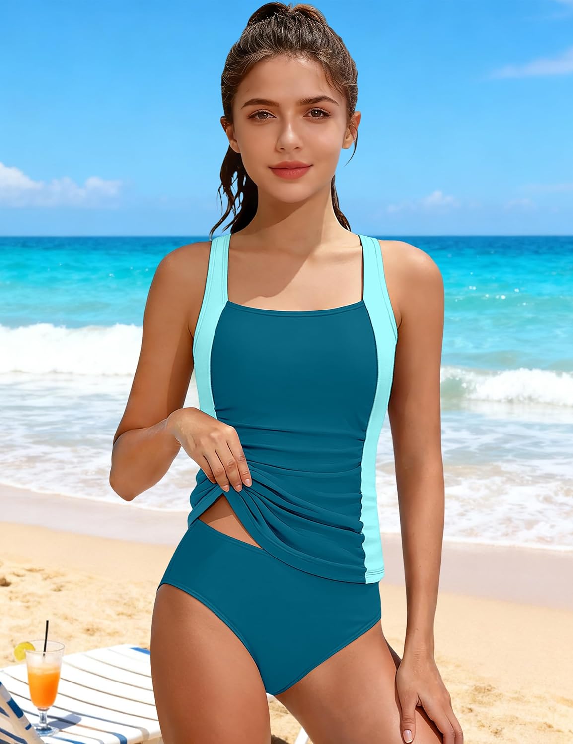 Girls Tankini Swimsuit Two Piece Solid Color Blocking Ruched Slimming Bathing Suit for Teen Girls' Swimwear 9-18Y - Image 2