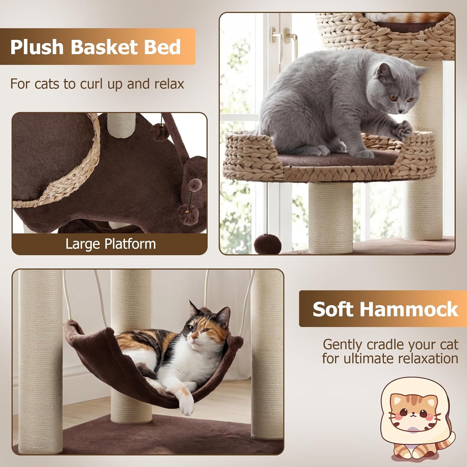 Tangkula Modern Cat Tree Tower, Multi-Level Tall Activity Center with Natural Sisal Scratching Posts, Hammock, Hand-Made Cattail Cute Condo with Funny Toy Balls (Brown)
