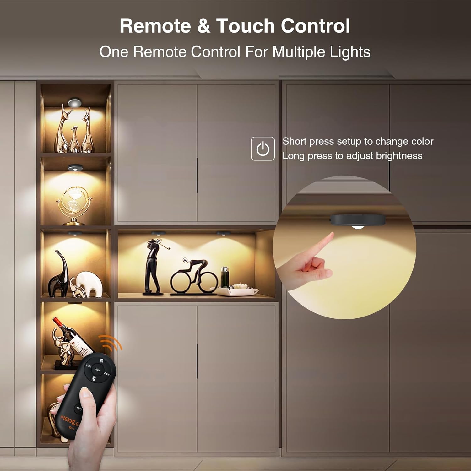 Puck Lights with Remote Control Rechargeable,Wireless Under Cabinet Lighting,2000mAh Battery Operated Tap Push Touch Lights,Stick On Lights for Counter,Shelf,Bookcase (Dark Grey, 3 Pcs)