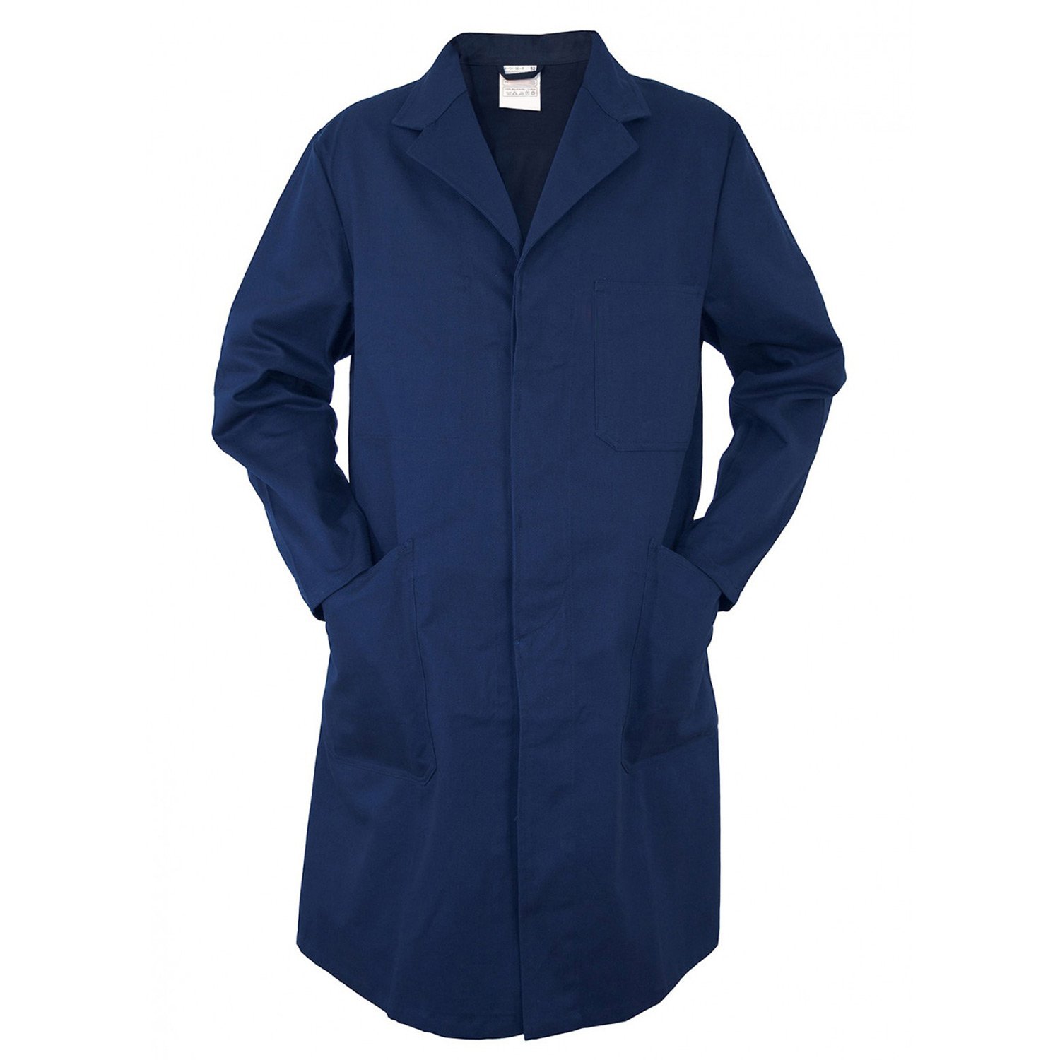 Bata de Trabajo/Profesional Abrigo - 100% Algodón - 5 bolsillos - Tapeta de botones oculta, Cinto trasero cosido - para mecánico, uniforme, laboratorio, almacén - Hombre (Unisex) (S, Azul Marino)