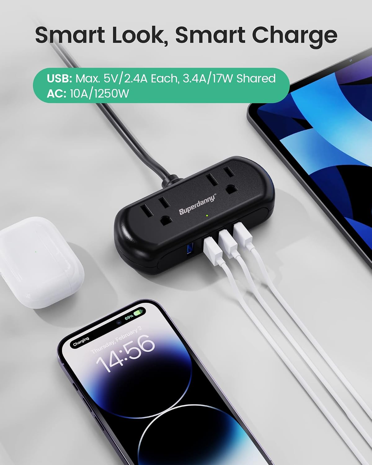Power Strip with USB, SUPERDANNY Mini Surge Protector with 2 Wide-Spaced Outlets & 4 USB Ports, 5 Ft Extension Cord, Flat Plug, Compact Size Desktop Charging Station for Travel, Home, Office, Black