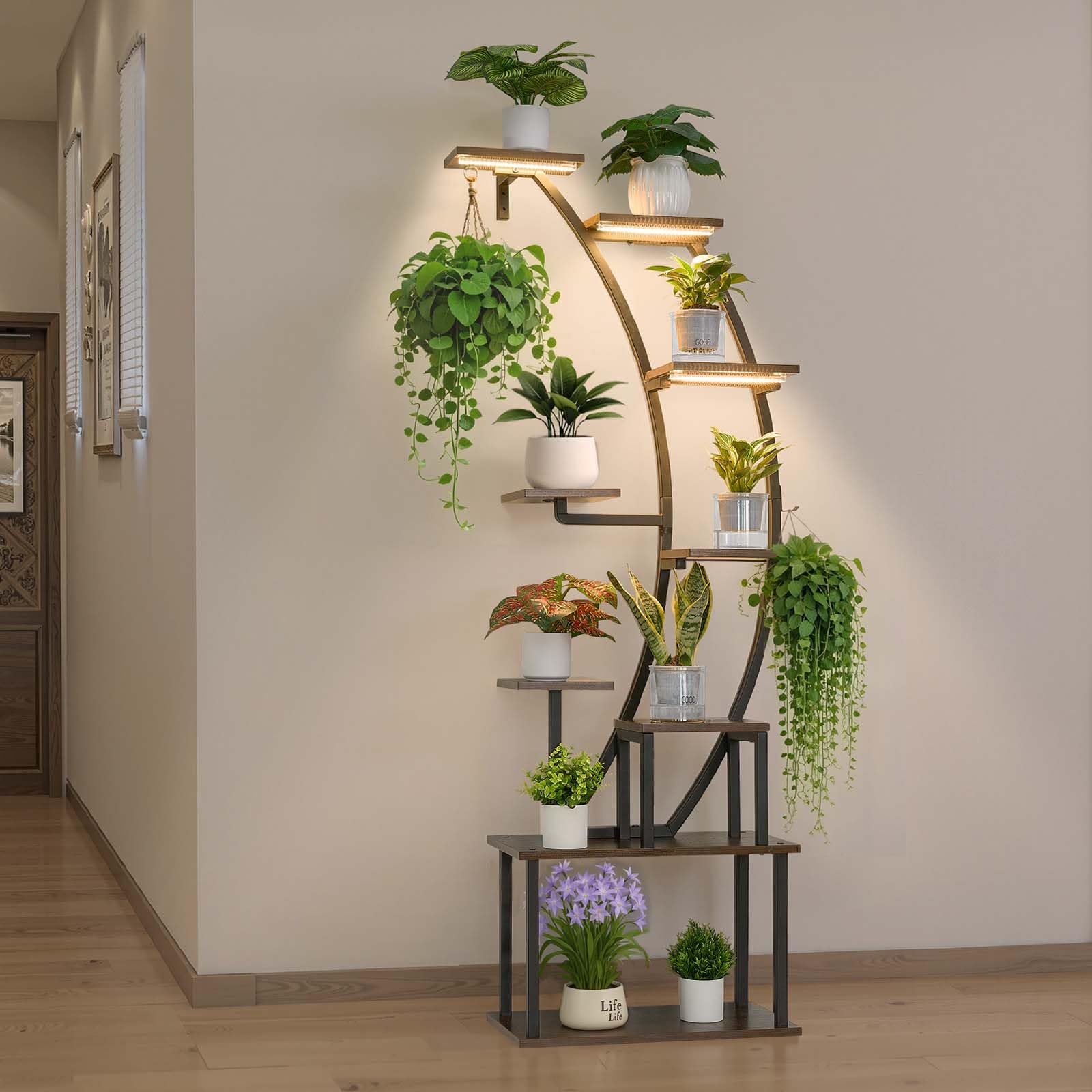 VEVOR Scaffale per Piante Moderno con Luci di Crescita, Scaffale Illuminato per Piante a 9 Livelli Alto 1600 mm, Supporto Angolato in Metallo, 3 Timer e 10 Livelli di Luminosità, Espositore per Fiori