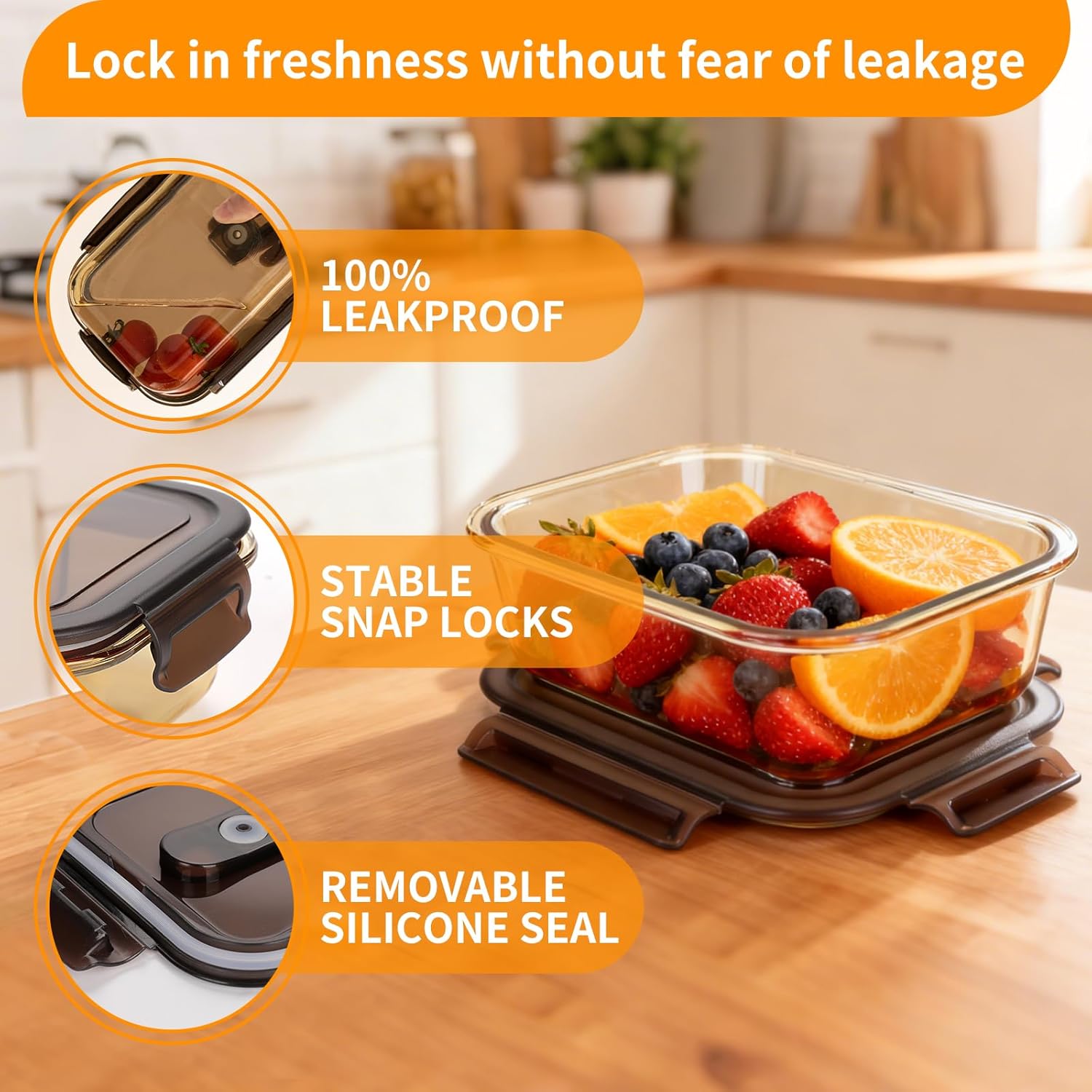 Glass Meal Prep Containers, Airtight Glass Lunch Containers Set, Glass Food Storage Containers with Lids,Exclusive of BPA, for Microwave, Oven, Freezer & Dishwasher Friendly Set of 3 (A3-C)